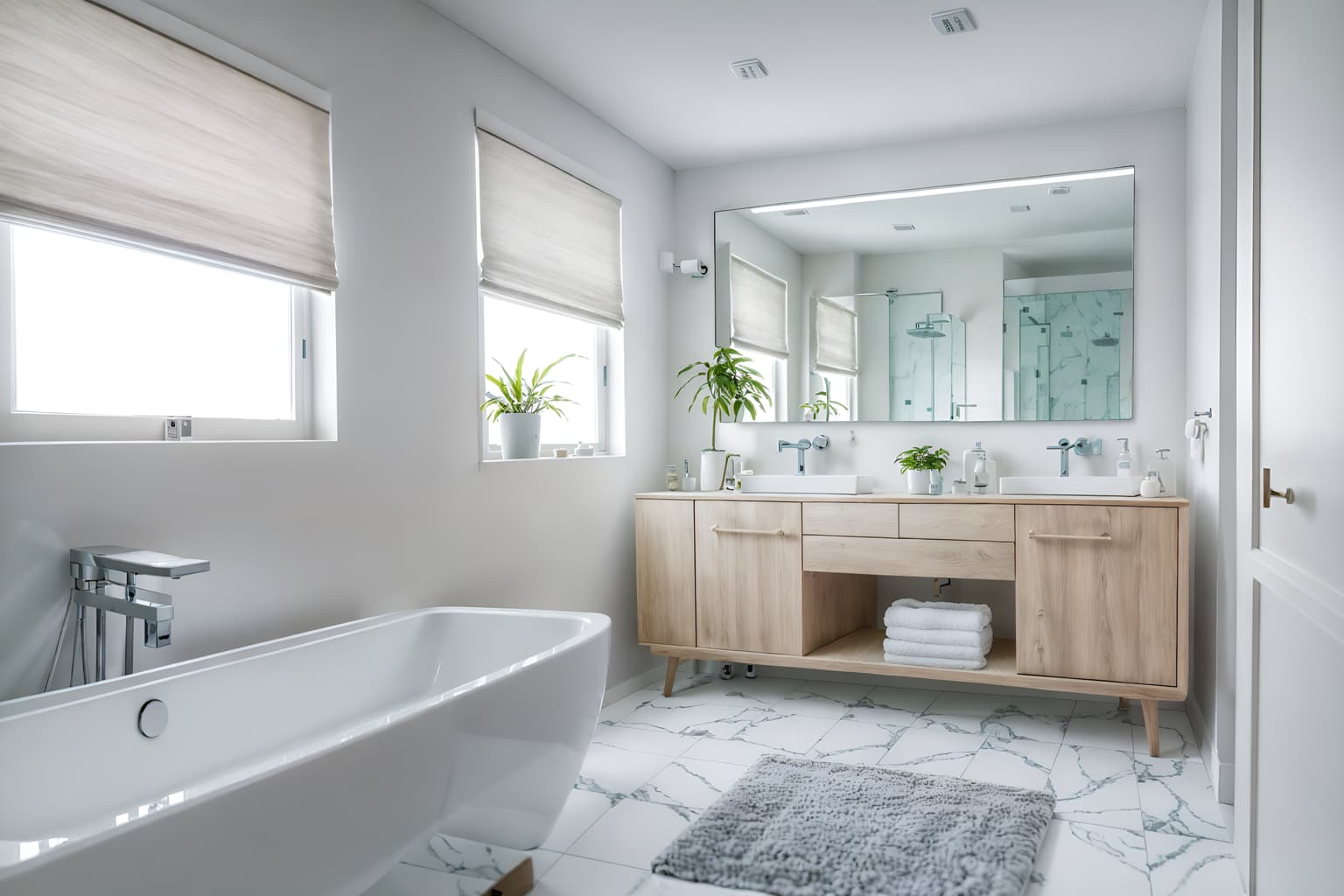simple-style (bathroom interior) with mirror and bath towel and bath rail and bathtub and bathroom sink with faucet and plant and toilet seat and bathroom cabinet. . . cinematic photo, highly detailed, cinematic lighting, ultra-detailed, ultrarealistic, photorealism, 8k. simple interior design style. masterpiece, cinematic light, ultrarealistic+, photorealistic+, 8k, raw photo, realistic, sharp focus on eyes, (symmetrical eyes), (intact eyes), hyperrealistic, highest quality, best quality, , highly detailed, masterpiece, best quality, extremely detailed 8k wallpaper, masterpiece, best quality, ultra-detailed, best shadow, detailed background, detailed face, detailed eyes, high contrast, best illumination, detailed face, dulux, caustic, dynamic angle, detailed glow. dramatic lighting. highly detailed, insanely detailed hair, symmetrical, intricate details, professionally retouched, 8k high definition. strong bokeh. award winning photo.
