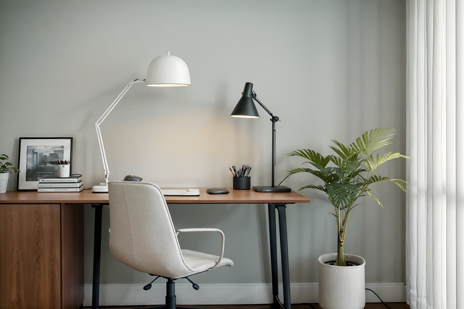 simple-style (home office interior) with office chair and plant and computer desk and cabinets and desk lamp and office chair. . . cinematic photo, highly detailed, cinematic lighting, ultra-detailed, ultrarealistic, photorealism, 8k. simple interior design style. masterpiece, cinematic light, ultrarealistic+, photorealistic+, 8k, raw photo, realistic, sharp focus on eyes, (symmetrical eyes), (intact eyes), hyperrealistic, highest quality, best quality, , highly detailed, masterpiece, best quality, extremely detailed 8k wallpaper, masterpiece, best quality, ultra-detailed, best shadow, detailed background, detailed face, detailed eyes, high contrast, best illumination, detailed face, dulux, caustic, dynamic angle, detailed glow. dramatic lighting. highly detailed, insanely detailed hair, symmetrical, intricate details, professionally retouched, 8k high definition. strong bokeh. award winning photo.