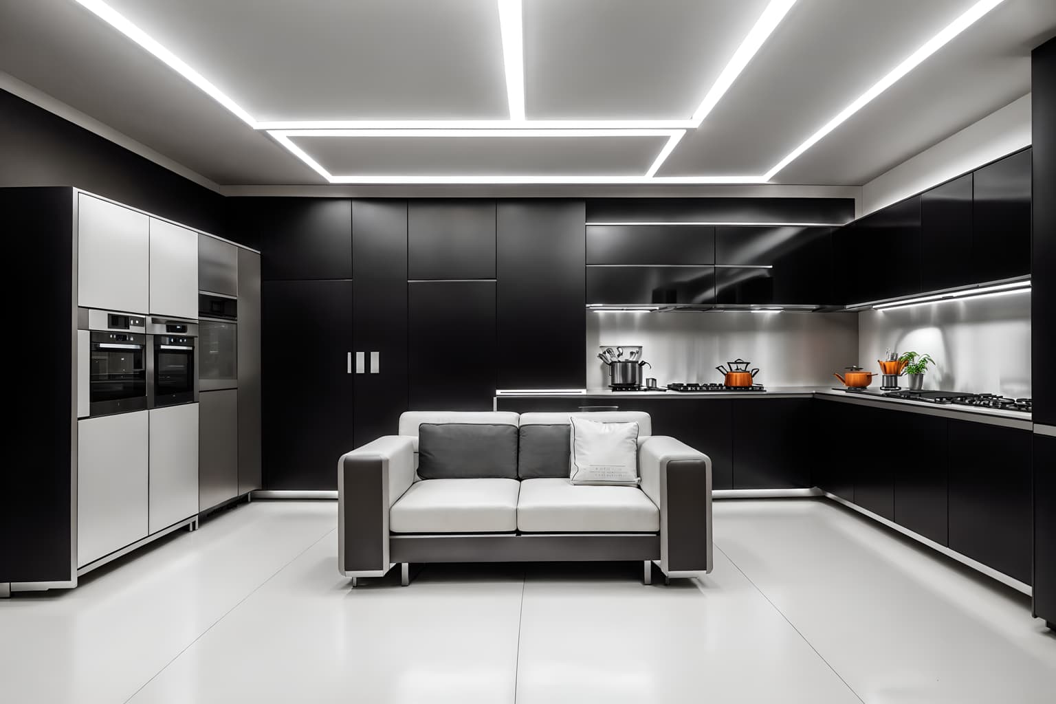 futuristic-style (kitchen living combo interior) with worktops and furniture and plant and stove and sofa and rug and coffee tables and refrigerator. . with steel finishing and monochromatic palette and strong geometric walls and futurism and minimalist clean lines and spaceship interior and neutral background and bright accents and futuristic interior. . cinematic photo, highly detailed, cinematic lighting, ultra-detailed, ultrarealistic, photorealism, 8k. futuristic interior design style. masterpiece, cinematic light, ultrarealistic+, photorealistic+, 8k, raw photo, realistic, sharp focus on eyes, (symmetrical eyes), (intact eyes), hyperrealistic, highest quality, best quality, , highly detailed, masterpiece, best quality, extremely detailed 8k wallpaper, masterpiece, best quality, ultra-detailed, best shadow, detailed background, detailed face, detailed eyes, high contrast, best illumination, detailed face, dulux, caustic, dynamic angle, detailed glow. dramatic lighting. highly detailed, insanely detailed hair, symmetrical, intricate details, professionally retouched, 8k high definition. strong bokeh. award winning photo.