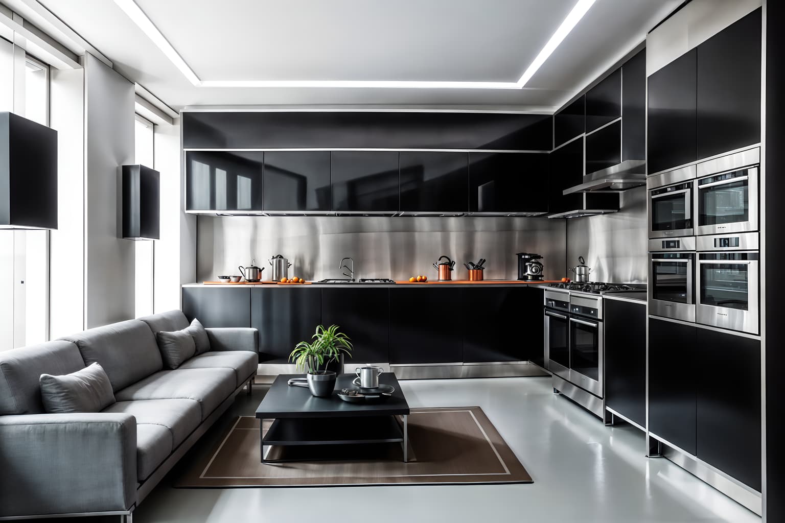 futuristic-style (kitchen living combo interior) with worktops and furniture and plant and stove and sofa and rug and coffee tables and refrigerator. . with steel finishing and monochromatic palette and strong geometric walls and futurism and minimalist clean lines and spaceship interior and neutral background and bright accents and futuristic interior. . cinematic photo, highly detailed, cinematic lighting, ultra-detailed, ultrarealistic, photorealism, 8k. futuristic interior design style. masterpiece, cinematic light, ultrarealistic+, photorealistic+, 8k, raw photo, realistic, sharp focus on eyes, (symmetrical eyes), (intact eyes), hyperrealistic, highest quality, best quality, , highly detailed, masterpiece, best quality, extremely detailed 8k wallpaper, masterpiece, best quality, ultra-detailed, best shadow, detailed background, detailed face, detailed eyes, high contrast, best illumination, detailed face, dulux, caustic, dynamic angle, detailed glow. dramatic lighting. highly detailed, insanely detailed hair, symmetrical, intricate details, professionally retouched, 8k high definition. strong bokeh. award winning photo.