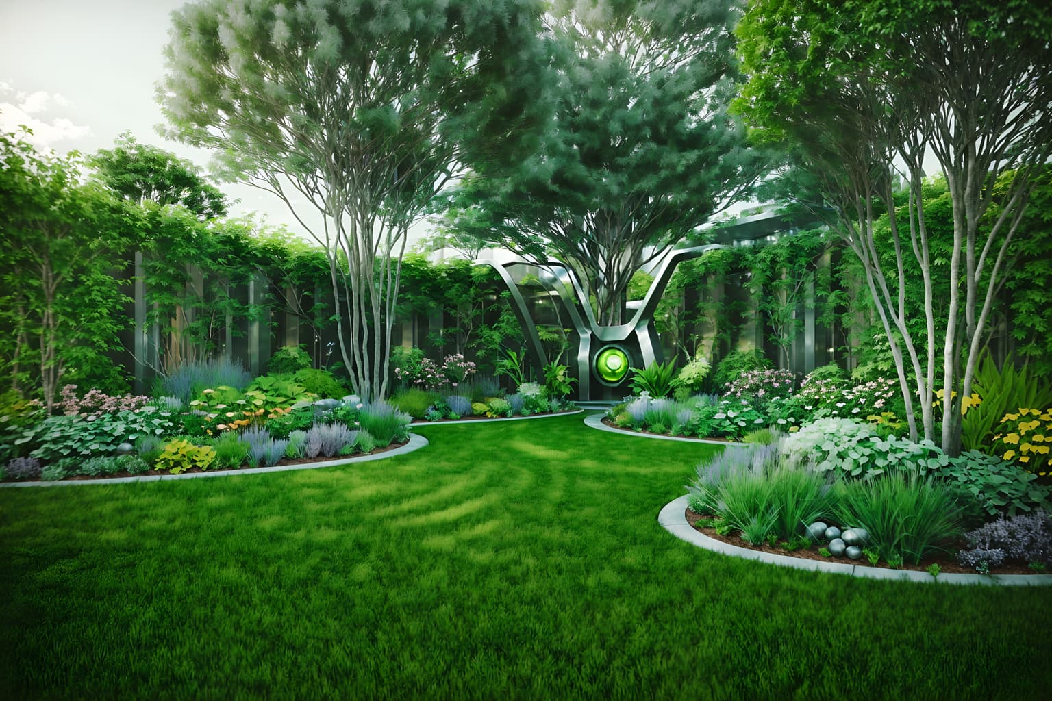 futuristic-style designed (outdoor garden ) with grass and garden tree and garden plants and grass. . with steel finishing and circular shapes and minimalist clean lines and glass panes and futurism minimalist and neutral background and bright accents and spaceship and light colors. . cinematic photo, highly detailed, cinematic lighting, ultra-detailed, ultrarealistic, photorealism, 8k. futuristic design style. masterpiece, cinematic light, ultrarealistic+, photorealistic+, 8k, raw photo, realistic, sharp focus on eyes, (symmetrical eyes), (intact eyes), hyperrealistic, highest quality, best quality, , highly detailed, masterpiece, best quality, extremely detailed 8k wallpaper, masterpiece, best quality, ultra-detailed, best shadow, detailed background, detailed face, detailed eyes, high contrast, best illumination, detailed face, dulux, caustic, dynamic angle, detailed glow. dramatic lighting. highly detailed, insanely detailed hair, symmetrical, intricate details, professionally retouched, 8k high definition. strong bokeh. award winning photo.