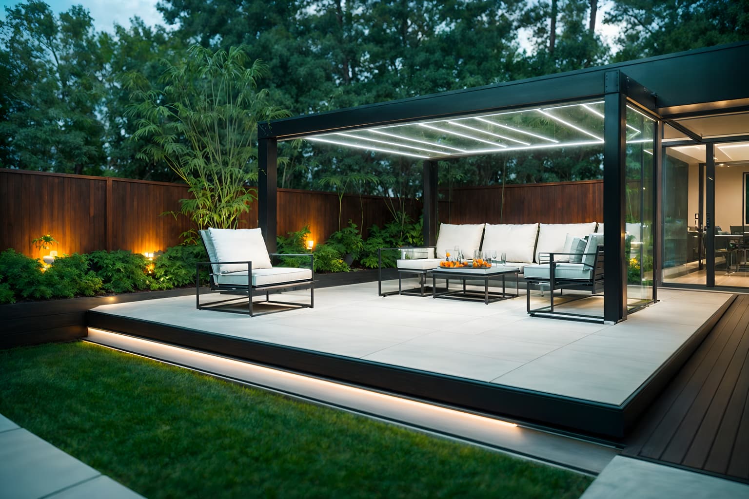 futuristic-style designed (outdoor patio ) with deck with deck chairs and plant and patio couch with pillows and grass and barbeque or grill and deck with deck chairs. . with glass panes and futuristic and minimalist clean lines and monochromatic palette and smooth polished marble and smooth marble and strong geometric walls and steel finishing. . cinematic photo, highly detailed, cinematic lighting, ultra-detailed, ultrarealistic, photorealism, 8k. futuristic design style. masterpiece, cinematic light, ultrarealistic+, photorealistic+, 8k, raw photo, realistic, sharp focus on eyes, (symmetrical eyes), (intact eyes), hyperrealistic, highest quality, best quality, , highly detailed, masterpiece, best quality, extremely detailed 8k wallpaper, masterpiece, best quality, ultra-detailed, best shadow, detailed background, detailed face, detailed eyes, high contrast, best illumination, detailed face, dulux, caustic, dynamic angle, detailed glow. dramatic lighting. highly detailed, insanely detailed hair, symmetrical, intricate details, professionally retouched, 8k high definition. strong bokeh. award winning photo.