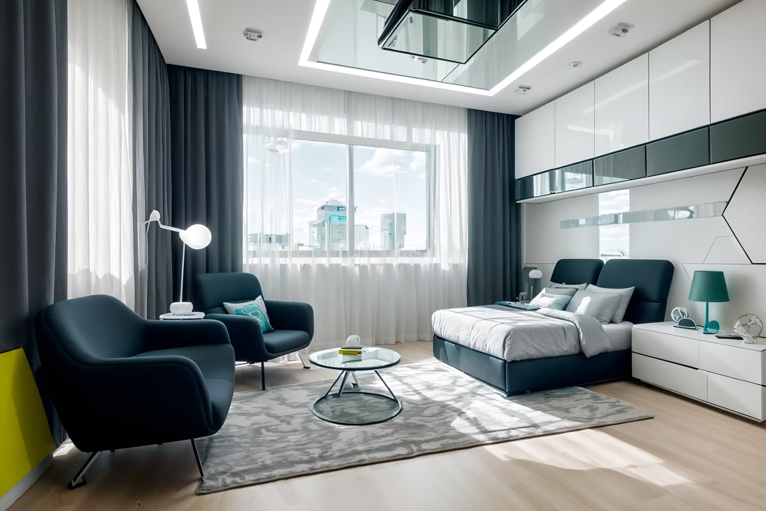 futuristic-style (kids room interior) with accent chair and bedside table or night stand and mirror and kids desk and headboard and night light and dresser closet and plant. . with futurism minimalist interior and glass panes and neutral background and bright accents and monochromatic palette and minimalist clean lines and strong geometric walls and spaceship interior and floating surfaces. . cinematic photo, highly detailed, cinematic lighting, ultra-detailed, ultrarealistic, photorealism, 8k. futuristic interior design style. masterpiece, cinematic light, ultrarealistic+, photorealistic+, 8k, raw photo, realistic, sharp focus on eyes, (symmetrical eyes), (intact eyes), hyperrealistic, highest quality, best quality, , highly detailed, masterpiece, best quality, extremely detailed 8k wallpaper, masterpiece, best quality, ultra-detailed, best shadow, detailed background, detailed face, detailed eyes, high contrast, best illumination, detailed face, dulux, caustic, dynamic angle, detailed glow. dramatic lighting. highly detailed, insanely detailed hair, symmetrical, intricate details, professionally retouched, 8k high definition. strong bokeh. award winning photo.
