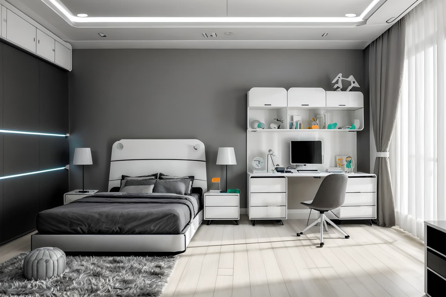 futuristic-style (kids room interior) with accent chair and bedside table or night stand and mirror and kids desk and headboard and night light and dresser closet and plant. . with futurism minimalist interior and glass panes and neutral background and bright accents and monochromatic palette and minimalist clean lines and strong geometric walls and spaceship interior and floating surfaces. . cinematic photo, highly detailed, cinematic lighting, ultra-detailed, ultrarealistic, photorealism, 8k. futuristic interior design style. masterpiece, cinematic light, ultrarealistic+, photorealistic+, 8k, raw photo, realistic, sharp focus on eyes, (symmetrical eyes), (intact eyes), hyperrealistic, highest quality, best quality, , highly detailed, masterpiece, best quality, extremely detailed 8k wallpaper, masterpiece, best quality, ultra-detailed, best shadow, detailed background, detailed face, detailed eyes, high contrast, best illumination, detailed face, dulux, caustic, dynamic angle, detailed glow. dramatic lighting. highly detailed, insanely detailed hair, symmetrical, intricate details, professionally retouched, 8k high definition. strong bokeh. award winning photo.