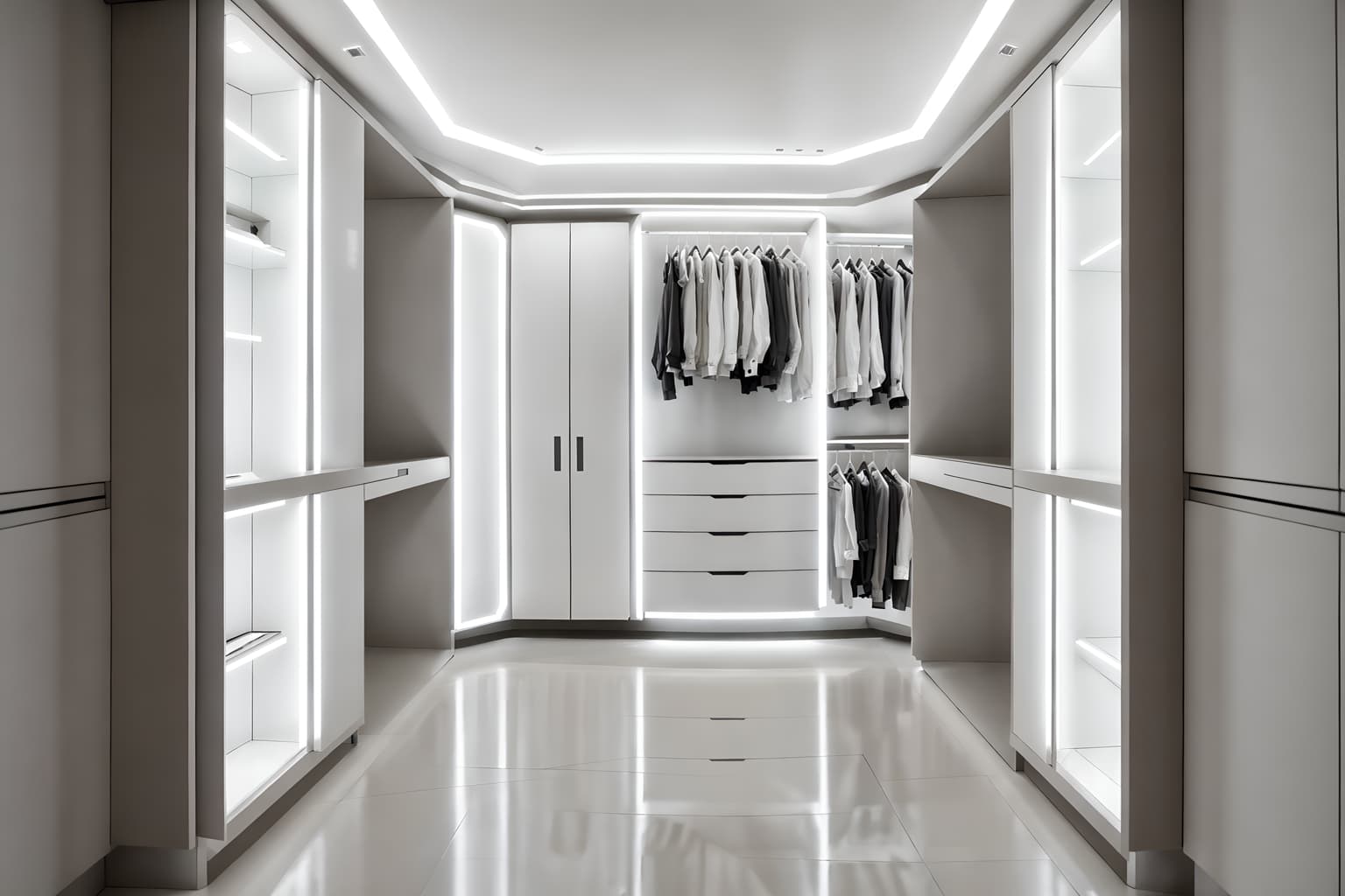 futuristic-style (walk in closet interior) . with neutral background and bright accents and spaceship interior and futurism minimalist interior and smooth marble and monochromatic palette and strong geometric walls and circular shapes and minimalist clean lines. . cinematic photo, highly detailed, cinematic lighting, ultra-detailed, ultrarealistic, photorealism, 8k. futuristic interior design style. masterpiece, cinematic light, ultrarealistic+, photorealistic+, 8k, raw photo, realistic, sharp focus on eyes, (symmetrical eyes), (intact eyes), hyperrealistic, highest quality, best quality, , highly detailed, masterpiece, best quality, extremely detailed 8k wallpaper, masterpiece, best quality, ultra-detailed, best shadow, detailed background, detailed face, detailed eyes, high contrast, best illumination, detailed face, dulux, caustic, dynamic angle, detailed glow. dramatic lighting. highly detailed, insanely detailed hair, symmetrical, intricate details, professionally retouched, 8k high definition. strong bokeh. award winning photo.