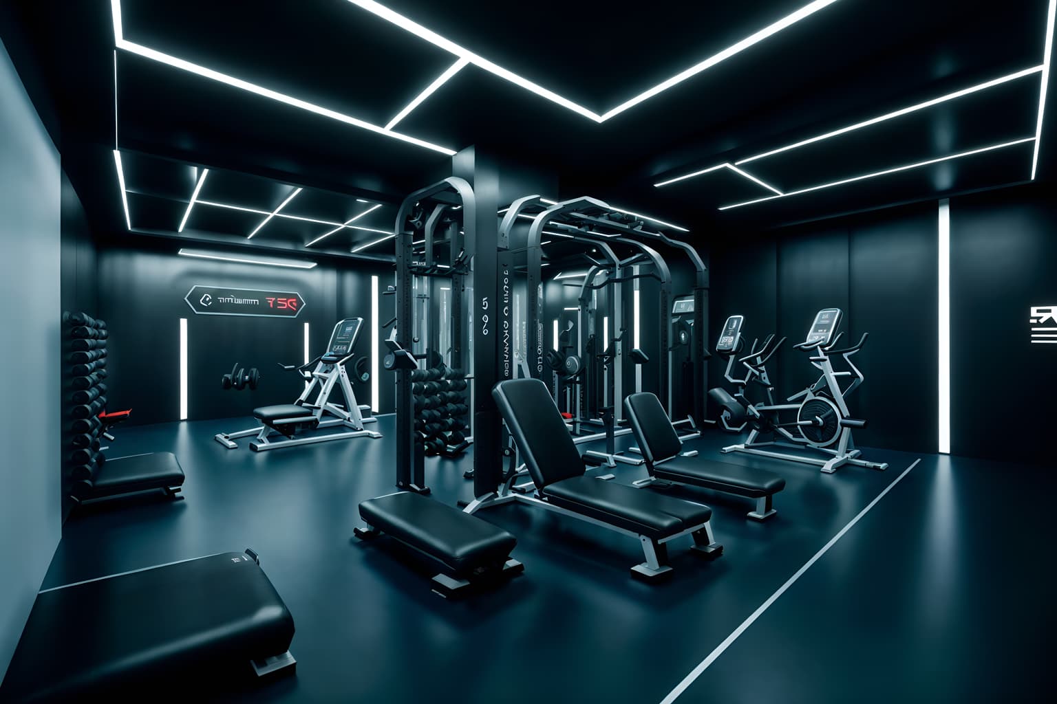 futuristic-style (fitness gym interior) with dumbbell stand and exercise bicycle and crosstrainer and bench press and squat rack and dumbbell stand. . with futurism minimalist interior and spaceship interior and monochromatic palette and floating surfaces and steel finishing and futuristic interior and minimalist clean lines and strong geometric walls. . cinematic photo, highly detailed, cinematic lighting, ultra-detailed, ultrarealistic, photorealism, 8k. futuristic interior design style. masterpiece, cinematic light, ultrarealistic+, photorealistic+, 8k, raw photo, realistic, sharp focus on eyes, (symmetrical eyes), (intact eyes), hyperrealistic, highest quality, best quality, , highly detailed, masterpiece, best quality, extremely detailed 8k wallpaper, masterpiece, best quality, ultra-detailed, best shadow, detailed background, detailed face, detailed eyes, high contrast, best illumination, detailed face, dulux, caustic, dynamic angle, detailed glow. dramatic lighting. highly detailed, insanely detailed hair, symmetrical, intricate details, professionally retouched, 8k high definition. strong bokeh. award winning photo.