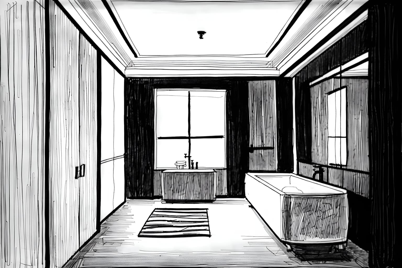 (hand-drawn monochrome black and white sketch line drawing)++ of sketch-style (hotel bathroom) apartment interior. a sketch of interior. with . . a sketch of interior. with bathroom cabinet and bathtub and mirror. trending on artstation. black and white line drawing sketch without colors. masterpiece, cinematic light, ultrarealistic+, photorealistic+, 8k, raw photo, realistic, sharp focus on eyes, (symmetrical eyes), (intact eyes), hyperrealistic, highest quality, best quality, , highly detailed, masterpiece, best quality, extremely detailed 8k wallpaper, masterpiece, best quality, ultra-detailed, best shadow, detailed background, detailed face, detailed eyes, high contrast, best illumination, detailed face, dulux, caustic, dynamic angle, detailed glow. dramatic lighting. highly detailed, insanely detailed hair, symmetrical, intricate details, professionally retouched, 8k high definition. strong bokeh. award winning photo.