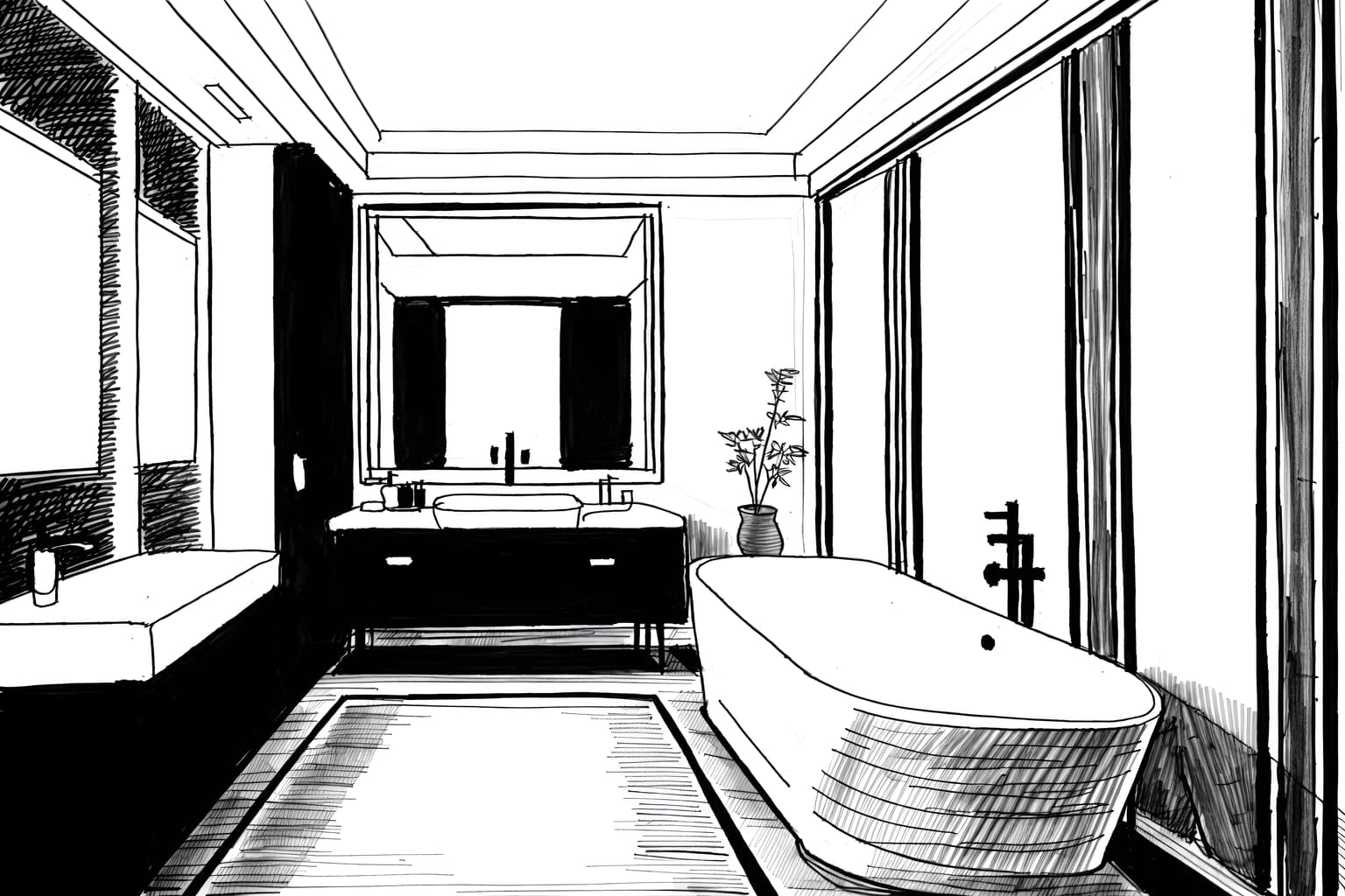 (hand-drawn monochrome black and white sketch line drawing)++ of sketch-style (hotel bathroom) apartment interior. a sketch of interior. with . . a sketch of interior. with bathroom cabinet and bathtub and mirror. trending on artstation. black and white line drawing sketch without colors. masterpiece, cinematic light, ultrarealistic+, photorealistic+, 8k, raw photo, realistic, sharp focus on eyes, (symmetrical eyes), (intact eyes), hyperrealistic, highest quality, best quality, , highly detailed, masterpiece, best quality, extremely detailed 8k wallpaper, masterpiece, best quality, ultra-detailed, best shadow, detailed background, detailed face, detailed eyes, high contrast, best illumination, detailed face, dulux, caustic, dynamic angle, detailed glow. dramatic lighting. highly detailed, insanely detailed hair, symmetrical, intricate details, professionally retouched, 8k high definition. strong bokeh. award winning photo.