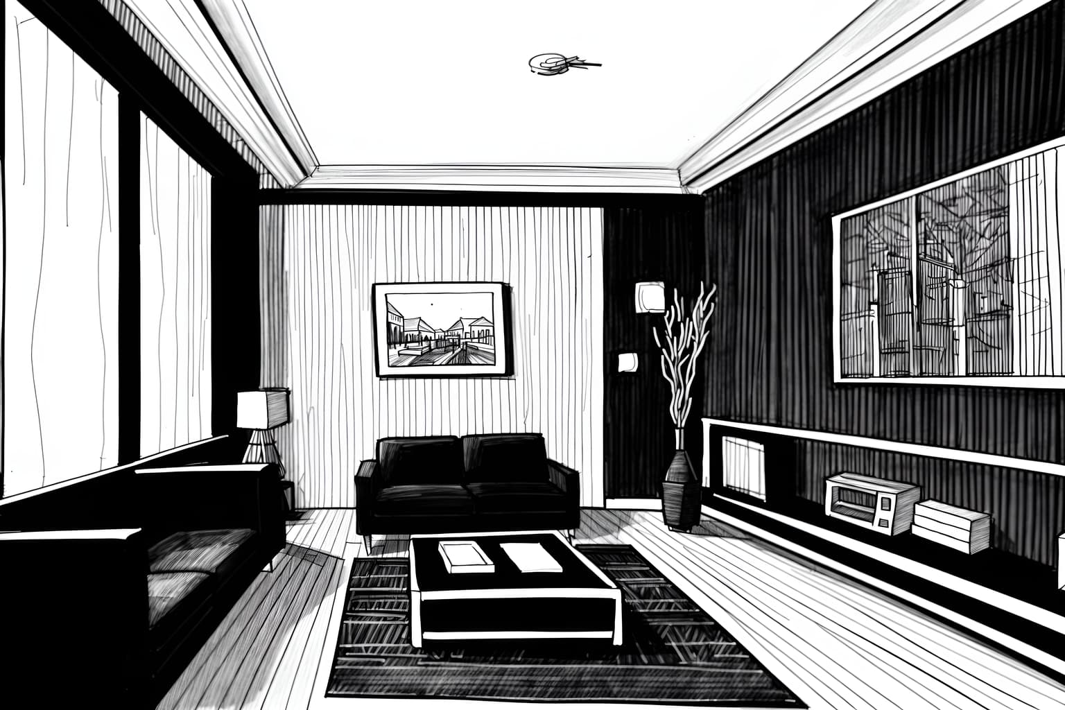(hand-drawn monochrome black and white sketch line drawing)++ of sketch-style (coffee shop) apartment interior. a sketch of interior. with . . a sketch of interior. trending on artstation. black and white line drawing sketch without colors. masterpiece, cinematic light, ultrarealistic+, photorealistic+, 8k, raw photo, realistic, sharp focus on eyes, (symmetrical eyes), (intact eyes), hyperrealistic, highest quality, best quality, , highly detailed, masterpiece, best quality, extremely detailed 8k wallpaper, masterpiece, best quality, ultra-detailed, best shadow, detailed background, detailed face, detailed eyes, high contrast, best illumination, detailed face, dulux, caustic, dynamic angle, detailed glow. dramatic lighting. highly detailed, insanely detailed hair, symmetrical, intricate details, professionally retouched, 8k high definition. strong bokeh. award winning photo.