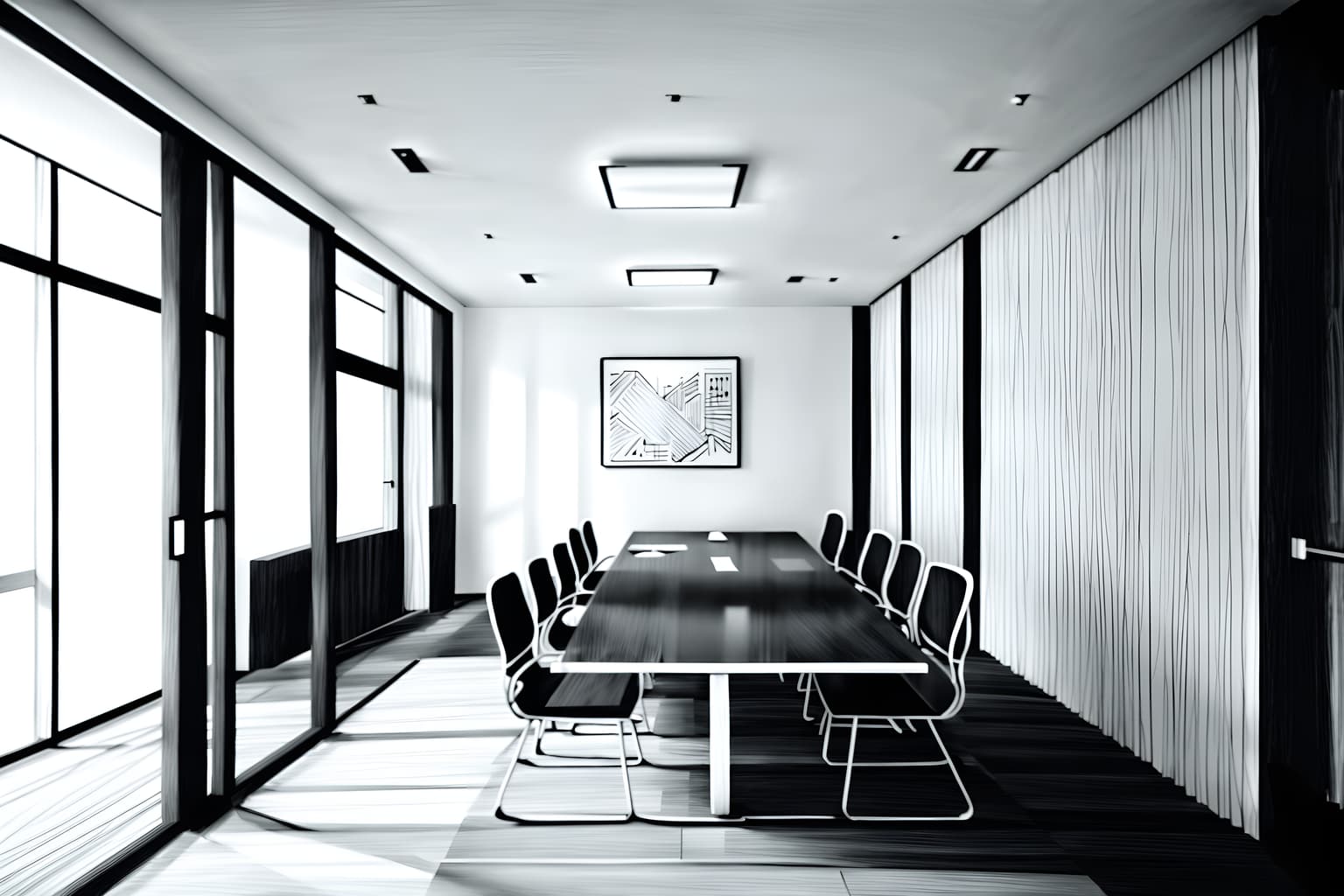 (hand-drawn monochrome black and white sketch line drawing)++ of sketch-style (meeting room) apartment interior. a sketch of interior. with . . a sketch of interior. with glass walls and glass doors and boardroom table. trending on artstation. black and white line drawing sketch without colors. masterpiece, cinematic light, ultrarealistic+, photorealistic+, 8k, raw photo, realistic, sharp focus on eyes, (symmetrical eyes), (intact eyes), hyperrealistic, highest quality, best quality, , highly detailed, masterpiece, best quality, extremely detailed 8k wallpaper, masterpiece, best quality, ultra-detailed, best shadow, detailed background, detailed face, detailed eyes, high contrast, best illumination, detailed face, dulux, caustic, dynamic angle, detailed glow. dramatic lighting. highly detailed, insanely detailed hair, symmetrical, intricate details, professionally retouched, 8k high definition. strong bokeh. award winning photo.