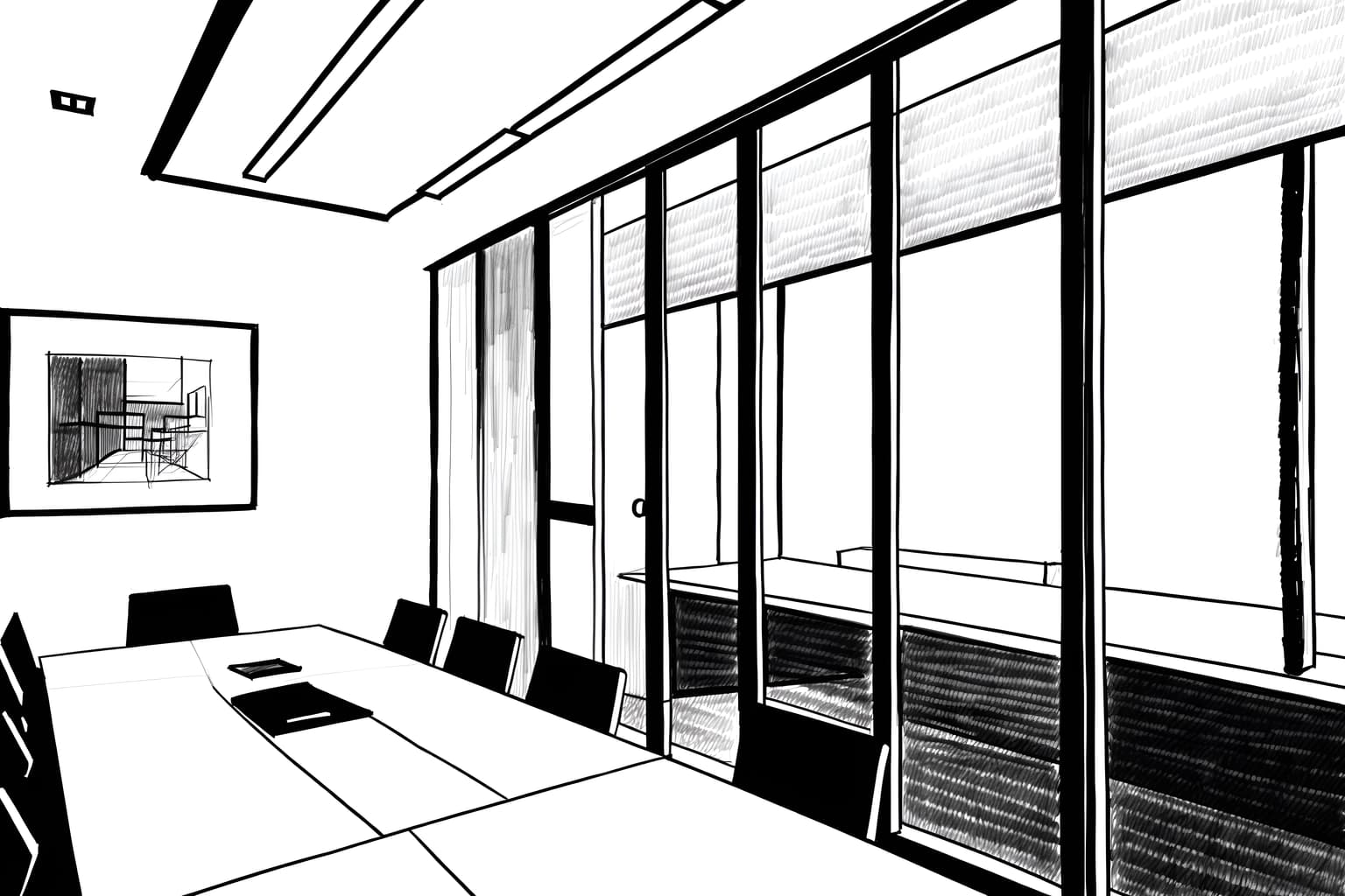 (hand-drawn monochrome black and white sketch line drawing)++ of sketch-style (meeting room) apartment interior. a sketch of interior. with . . a sketch of interior. with glass walls and glass doors and boardroom table. trending on artstation. black and white line drawing sketch without colors. masterpiece, cinematic light, ultrarealistic+, photorealistic+, 8k, raw photo, realistic, sharp focus on eyes, (symmetrical eyes), (intact eyes), hyperrealistic, highest quality, best quality, , highly detailed, masterpiece, best quality, extremely detailed 8k wallpaper, masterpiece, best quality, ultra-detailed, best shadow, detailed background, detailed face, detailed eyes, high contrast, best illumination, detailed face, dulux, caustic, dynamic angle, detailed glow. dramatic lighting. highly detailed, insanely detailed hair, symmetrical, intricate details, professionally retouched, 8k high definition. strong bokeh. award winning photo.