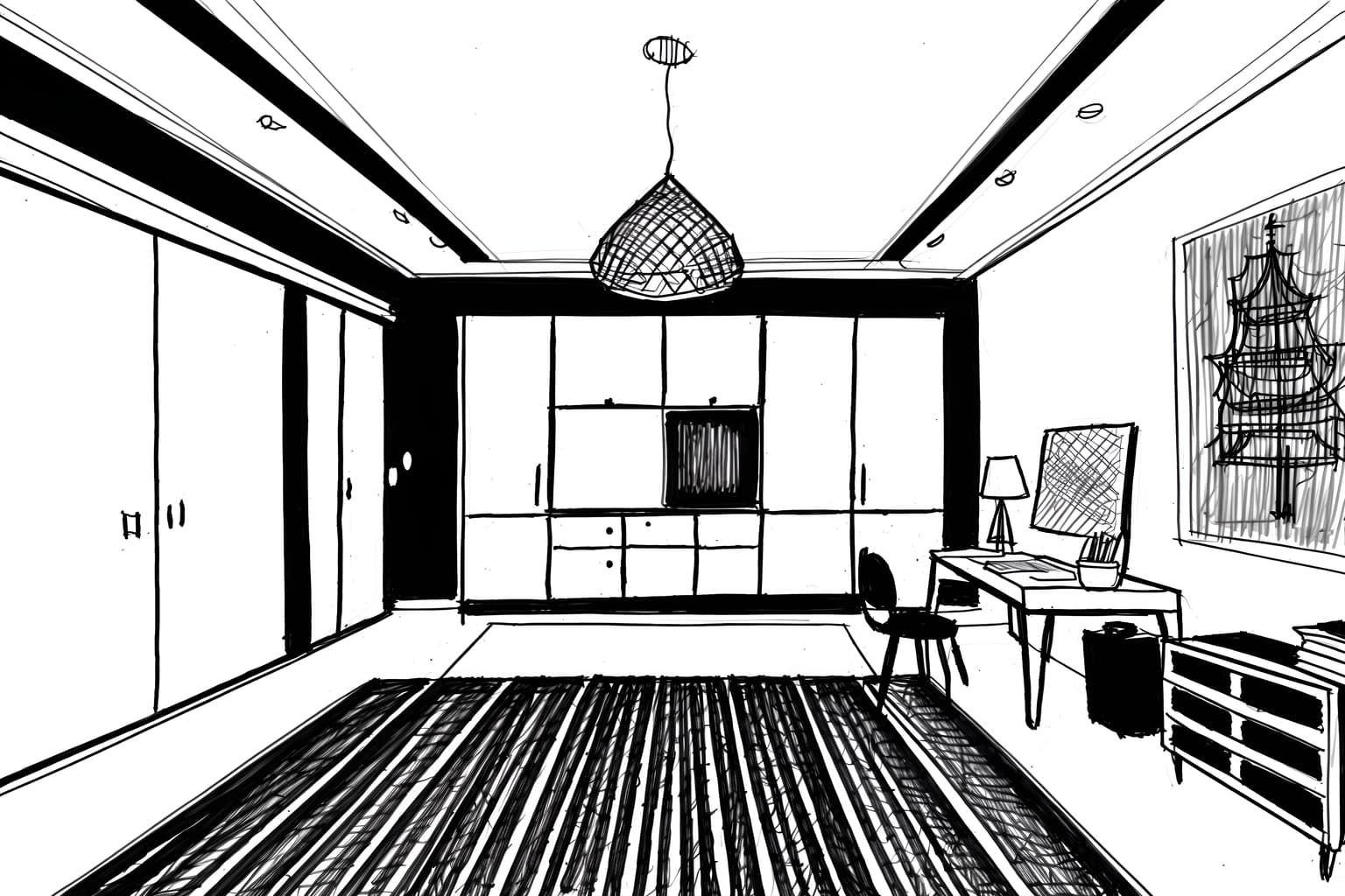 (hand-drawn monochrome black and white sketch line drawing)++ of sketch-style (kids room) apartment interior. a sketch of interior. with . . a sketch of interior. with night light and dresser closet and kids desk. trending on artstation. black and white line drawing sketch without colors. masterpiece, cinematic light, ultrarealistic+, photorealistic+, 8k, raw photo, realistic, sharp focus on eyes, (symmetrical eyes), (intact eyes), hyperrealistic, highest quality, best quality, , highly detailed, masterpiece, best quality, extremely detailed 8k wallpaper, masterpiece, best quality, ultra-detailed, best shadow, detailed background, detailed face, detailed eyes, high contrast, best illumination, detailed face, dulux, caustic, dynamic angle, detailed glow. dramatic lighting. highly detailed, insanely detailed hair, symmetrical, intricate details, professionally retouched, 8k high definition. strong bokeh. award winning photo.
