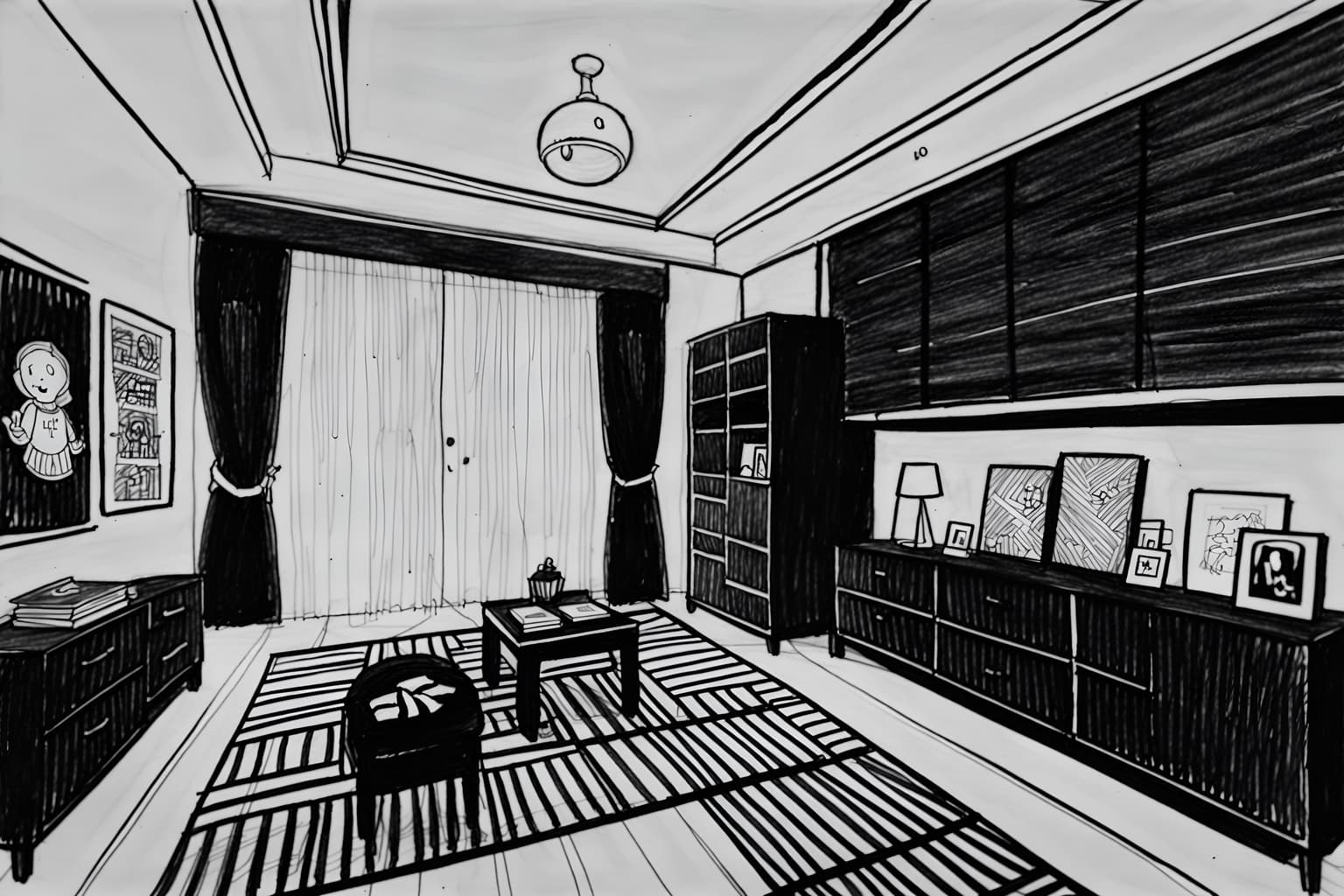 (hand-drawn monochrome black and white sketch line drawing)++ of sketch-style (kids room) apartment interior. a sketch of interior. with . . a sketch of interior. with night light and dresser closet and kids desk. trending on artstation. black and white line drawing sketch without colors. masterpiece, cinematic light, ultrarealistic+, photorealistic+, 8k, raw photo, realistic, sharp focus on eyes, (symmetrical eyes), (intact eyes), hyperrealistic, highest quality, best quality, , highly detailed, masterpiece, best quality, extremely detailed 8k wallpaper, masterpiece, best quality, ultra-detailed, best shadow, detailed background, detailed face, detailed eyes, high contrast, best illumination, detailed face, dulux, caustic, dynamic angle, detailed glow. dramatic lighting. highly detailed, insanely detailed hair, symmetrical, intricate details, professionally retouched, 8k high definition. strong bokeh. award winning photo.