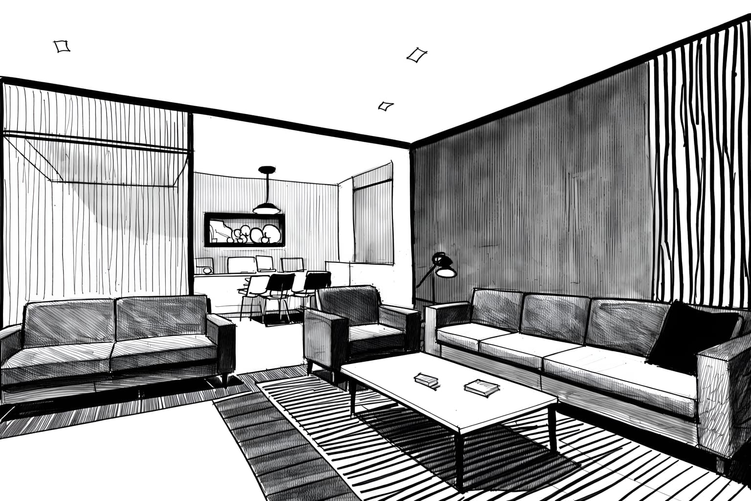 (hand-drawn monochrome black and white sketch line drawing)++ of sketch-style (coworking space) apartment interior. a sketch of interior. with . . a sketch of interior. with lounge chairs and office desks and seating area with sofa. trending on artstation. black and white line drawing sketch without colors. masterpiece, cinematic light, ultrarealistic+, photorealistic+, 8k, raw photo, realistic, sharp focus on eyes, (symmetrical eyes), (intact eyes), hyperrealistic, highest quality, best quality, , highly detailed, masterpiece, best quality, extremely detailed 8k wallpaper, masterpiece, best quality, ultra-detailed, best shadow, detailed background, detailed face, detailed eyes, high contrast, best illumination, detailed face, dulux, caustic, dynamic angle, detailed glow. dramatic lighting. highly detailed, insanely detailed hair, symmetrical, intricate details, professionally retouched, 8k high definition. strong bokeh. award winning photo.