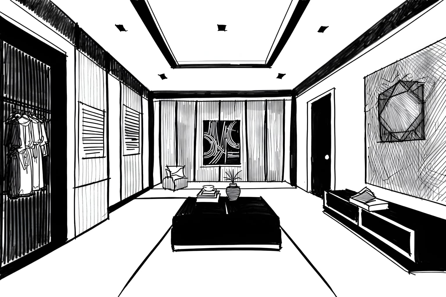 (hand-drawn monochrome black and white sketch line drawing)++ of sketch-style (clothing store) apartment interior. a sketch of interior. with . . a sketch of interior. trending on artstation. black and white line drawing sketch without colors. masterpiece, cinematic light, ultrarealistic+, photorealistic+, 8k, raw photo, realistic, sharp focus on eyes, (symmetrical eyes), (intact eyes), hyperrealistic, highest quality, best quality, , highly detailed, masterpiece, best quality, extremely detailed 8k wallpaper, masterpiece, best quality, ultra-detailed, best shadow, detailed background, detailed face, detailed eyes, high contrast, best illumination, detailed face, dulux, caustic, dynamic angle, detailed glow. dramatic lighting. highly detailed, insanely detailed hair, symmetrical, intricate details, professionally retouched, 8k high definition. strong bokeh. award winning photo.
