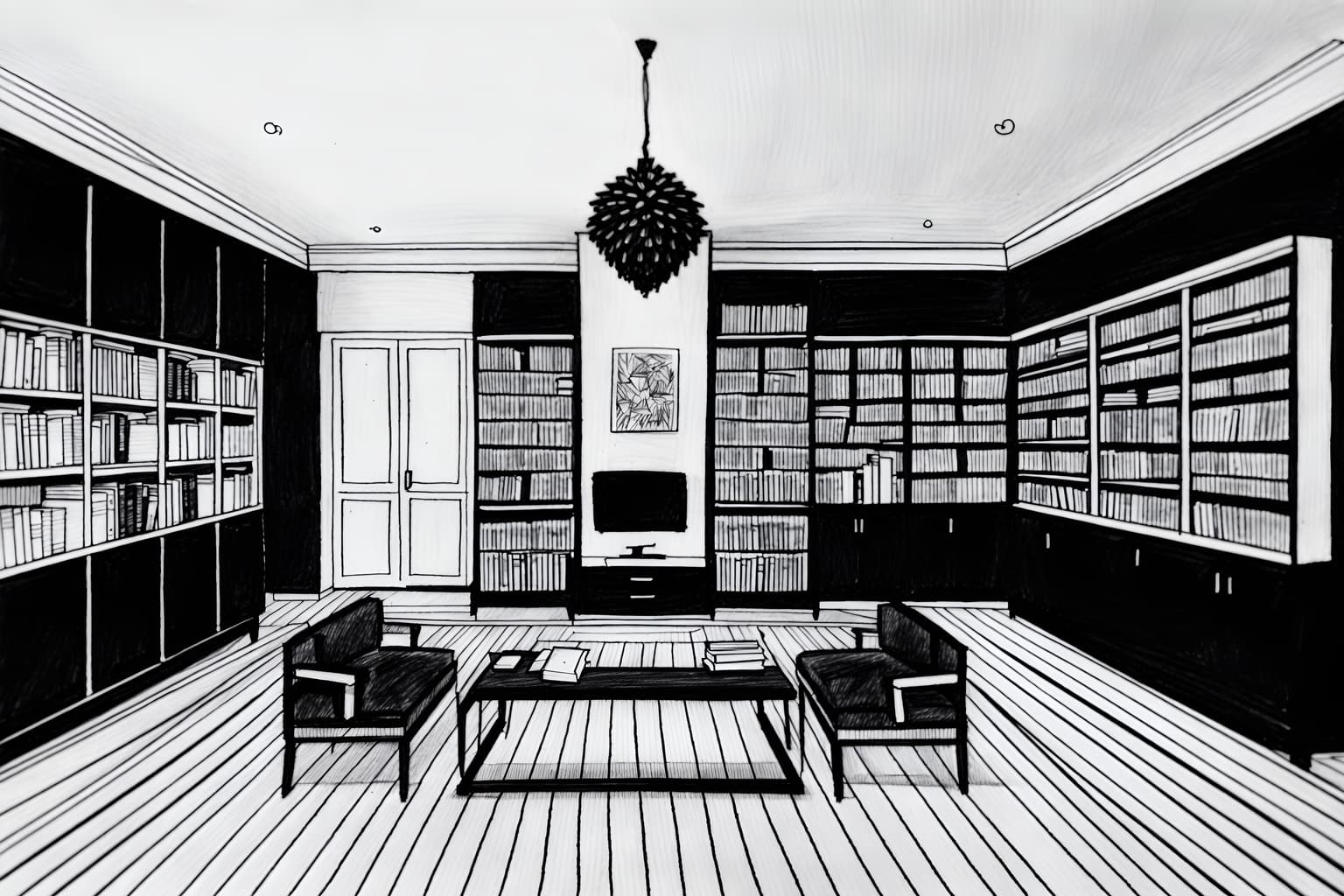 (hand-drawn monochrome black and white sketch line drawing)++ of sketch-style (study room) apartment interior. a sketch of interior. with . . a sketch of interior. with bookshelves and plant and cabinets. trending on artstation. black and white line drawing sketch without colors. masterpiece, cinematic light, ultrarealistic+, photorealistic+, 8k, raw photo, realistic, sharp focus on eyes, (symmetrical eyes), (intact eyes), hyperrealistic, highest quality, best quality, , highly detailed, masterpiece, best quality, extremely detailed 8k wallpaper, masterpiece, best quality, ultra-detailed, best shadow, detailed background, detailed face, detailed eyes, high contrast, best illumination, detailed face, dulux, caustic, dynamic angle, detailed glow. dramatic lighting. highly detailed, insanely detailed hair, symmetrical, intricate details, professionally retouched, 8k high definition. strong bokeh. award winning photo.