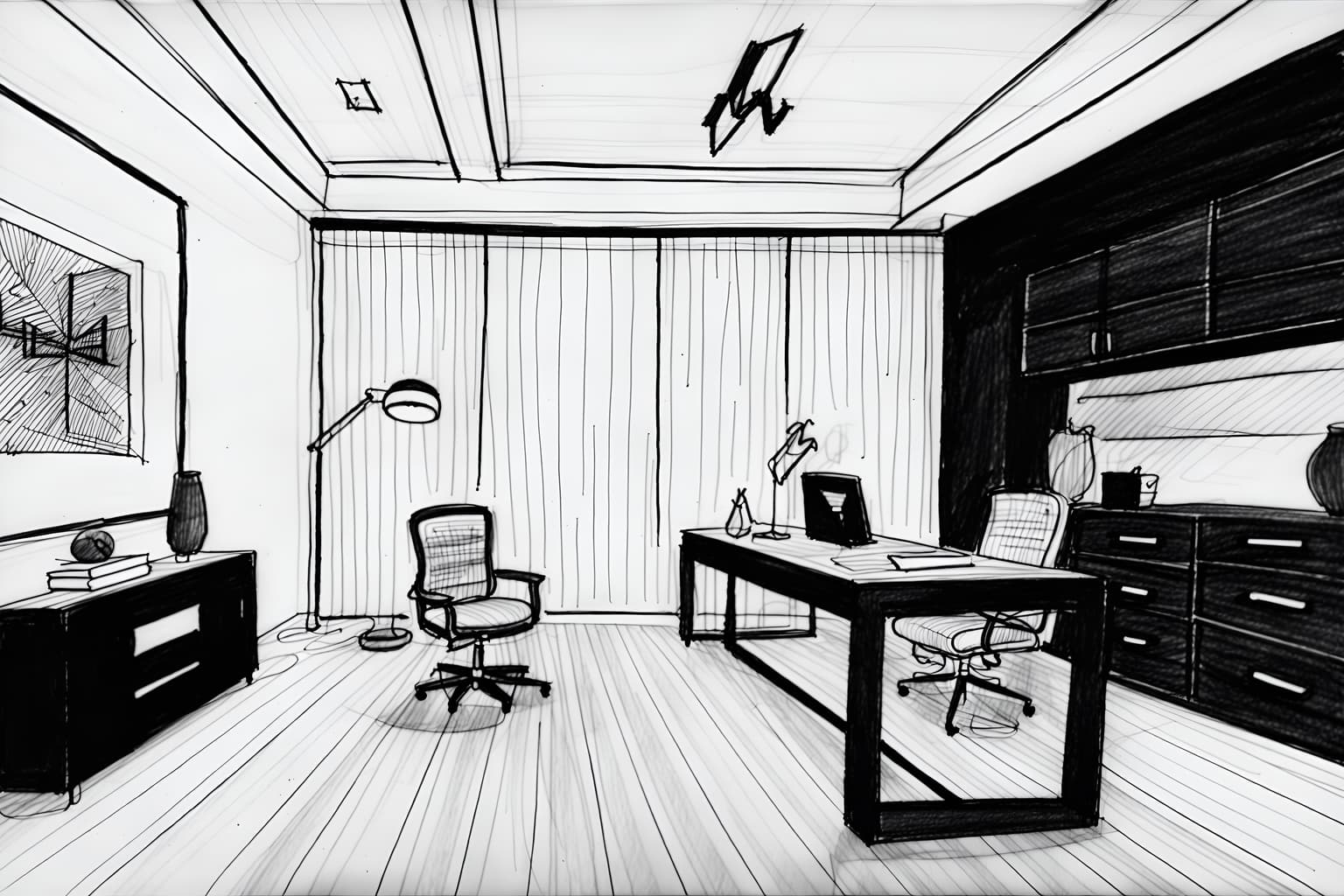 (hand-drawn monochrome black and white sketch line drawing)++ of sketch-style (home office) apartment interior. a sketch of interior. with . . a sketch of interior. with office chair and cabinets and desk lamp. trending on artstation. black and white line drawing sketch without colors. masterpiece, cinematic light, ultrarealistic+, photorealistic+, 8k, raw photo, realistic, sharp focus on eyes, (symmetrical eyes), (intact eyes), hyperrealistic, highest quality, best quality, , highly detailed, masterpiece, best quality, extremely detailed 8k wallpaper, masterpiece, best quality, ultra-detailed, best shadow, detailed background, detailed face, detailed eyes, high contrast, best illumination, detailed face, dulux, caustic, dynamic angle, detailed glow. dramatic lighting. highly detailed, insanely detailed hair, symmetrical, intricate details, professionally retouched, 8k high definition. strong bokeh. award winning photo.