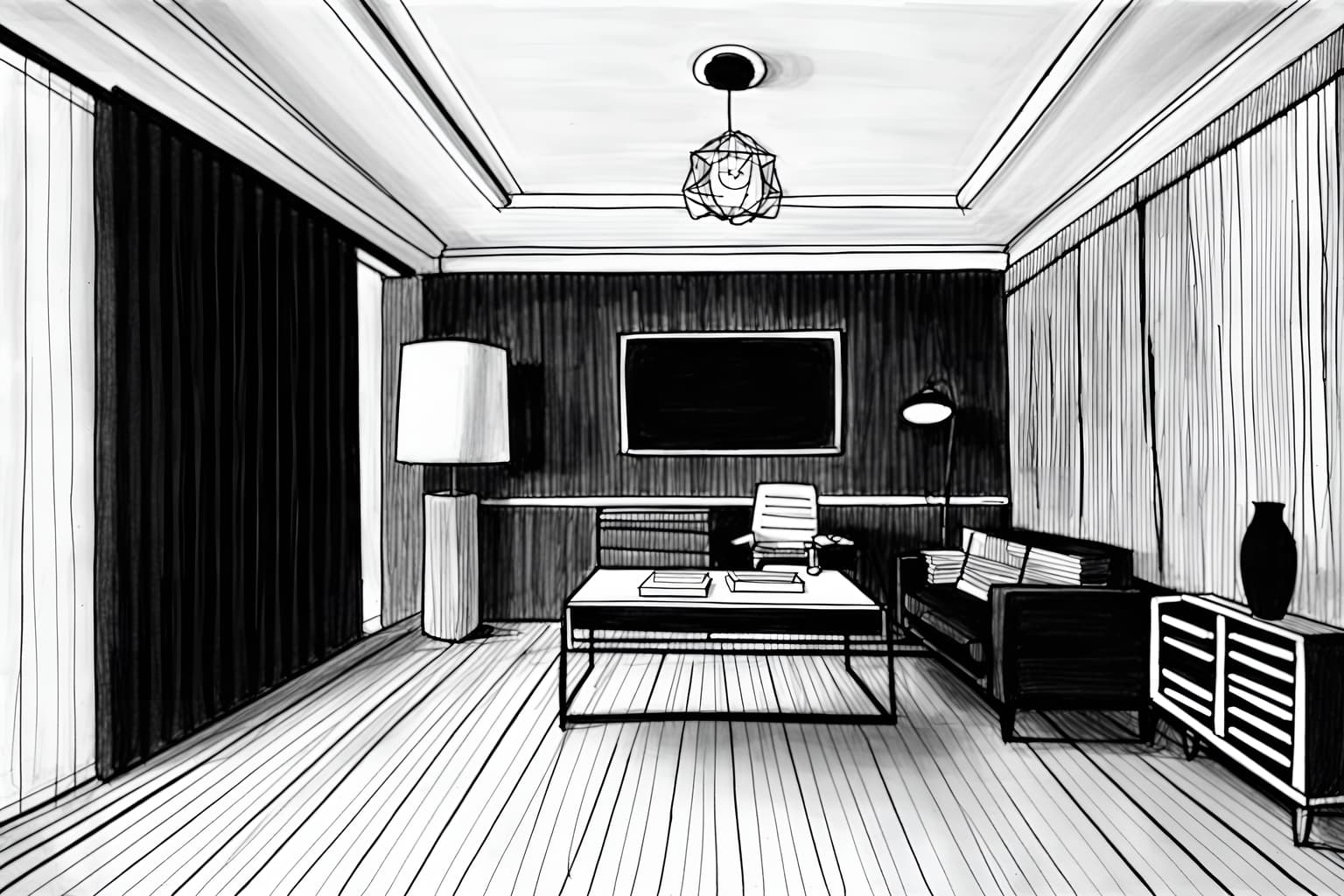 (hand-drawn monochrome black and white sketch line drawing)++ of sketch-style (home office) apartment interior. a sketch of interior. with . . a sketch of interior. with office chair and cabinets and desk lamp. trending on artstation. black and white line drawing sketch without colors. masterpiece, cinematic light, ultrarealistic+, photorealistic+, 8k, raw photo, realistic, sharp focus on eyes, (symmetrical eyes), (intact eyes), hyperrealistic, highest quality, best quality, , highly detailed, masterpiece, best quality, extremely detailed 8k wallpaper, masterpiece, best quality, ultra-detailed, best shadow, detailed background, detailed face, detailed eyes, high contrast, best illumination, detailed face, dulux, caustic, dynamic angle, detailed glow. dramatic lighting. highly detailed, insanely detailed hair, symmetrical, intricate details, professionally retouched, 8k high definition. strong bokeh. award winning photo.