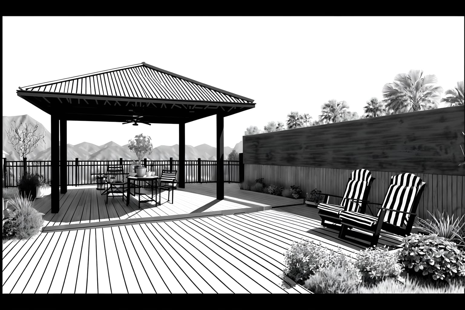 (hand-drawn monochrome black and white sketch line drawing)++ of sketch-style designed (outdoor patio) . a sketch of . with . . a sketch of . with barbeque or grill and deck with deck chairs and plant. trending on artstation. black and white line drawing sketch without colors. masterpiece, cinematic light, ultrarealistic+, photorealistic+, 8k, raw photo, realistic, sharp focus on eyes, (symmetrical eyes), (intact eyes), hyperrealistic, highest quality, best quality, , highly detailed, masterpiece, best quality, extremely detailed 8k wallpaper, masterpiece, best quality, ultra-detailed, best shadow, detailed background, detailed face, detailed eyes, high contrast, best illumination, detailed face, dulux, caustic, dynamic angle, detailed glow. dramatic lighting. highly detailed, insanely detailed hair, symmetrical, intricate details, professionally retouched, 8k high definition. strong bokeh. award winning photo.