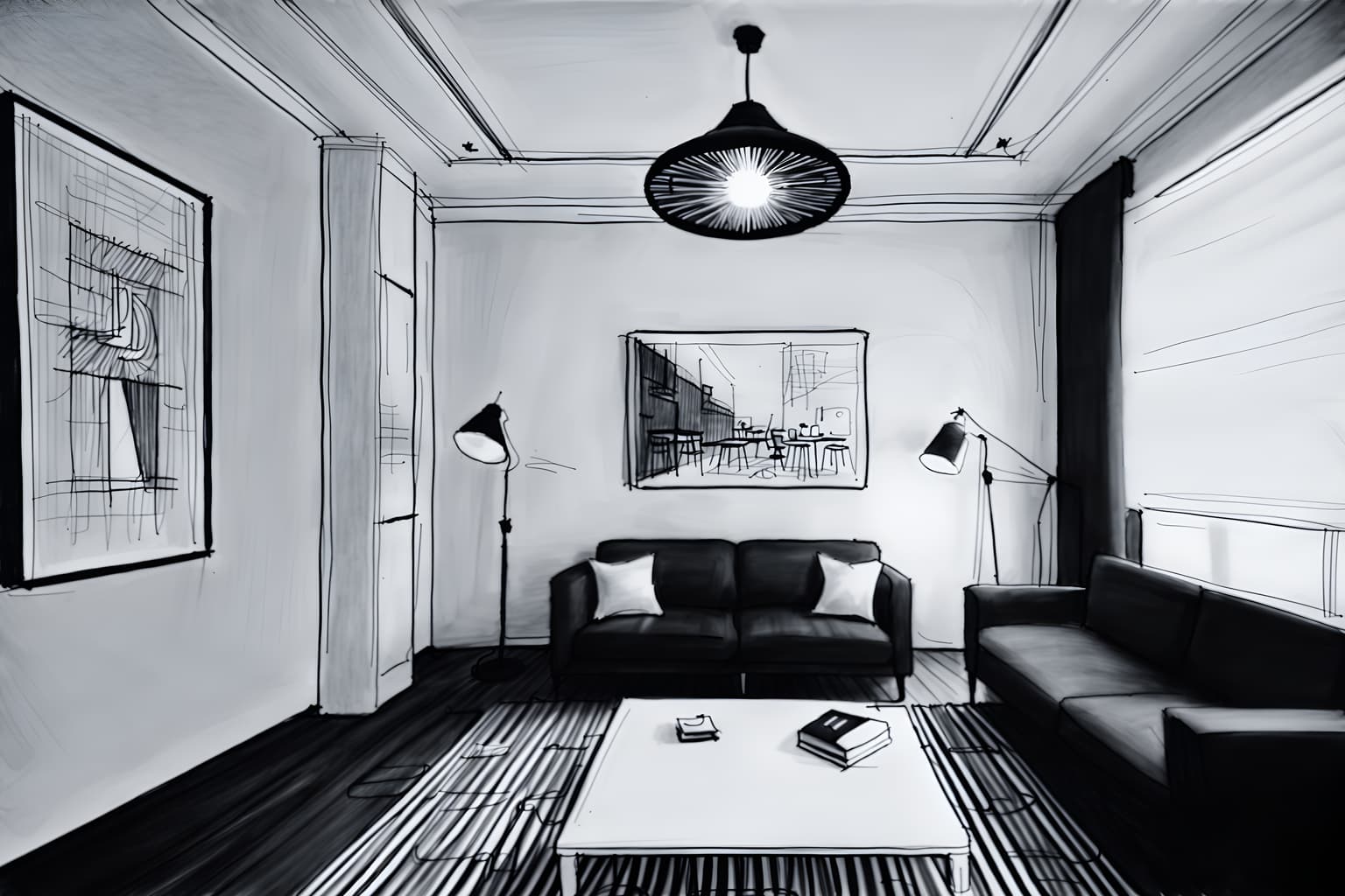 (hand-drawn monochrome black and white sketch line drawing)++ of sketch-style (office) apartment interior. a sketch of interior. with . . a sketch of interior. with desk lamps and office desks and office chairs. trending on artstation. black and white line drawing sketch without colors. masterpiece, cinematic light, ultrarealistic+, photorealistic+, 8k, raw photo, realistic, sharp focus on eyes, (symmetrical eyes), (intact eyes), hyperrealistic, highest quality, best quality, , highly detailed, masterpiece, best quality, extremely detailed 8k wallpaper, masterpiece, best quality, ultra-detailed, best shadow, detailed background, detailed face, detailed eyes, high contrast, best illumination, detailed face, dulux, caustic, dynamic angle, detailed glow. dramatic lighting. highly detailed, insanely detailed hair, symmetrical, intricate details, professionally retouched, 8k high definition. strong bokeh. award winning photo.