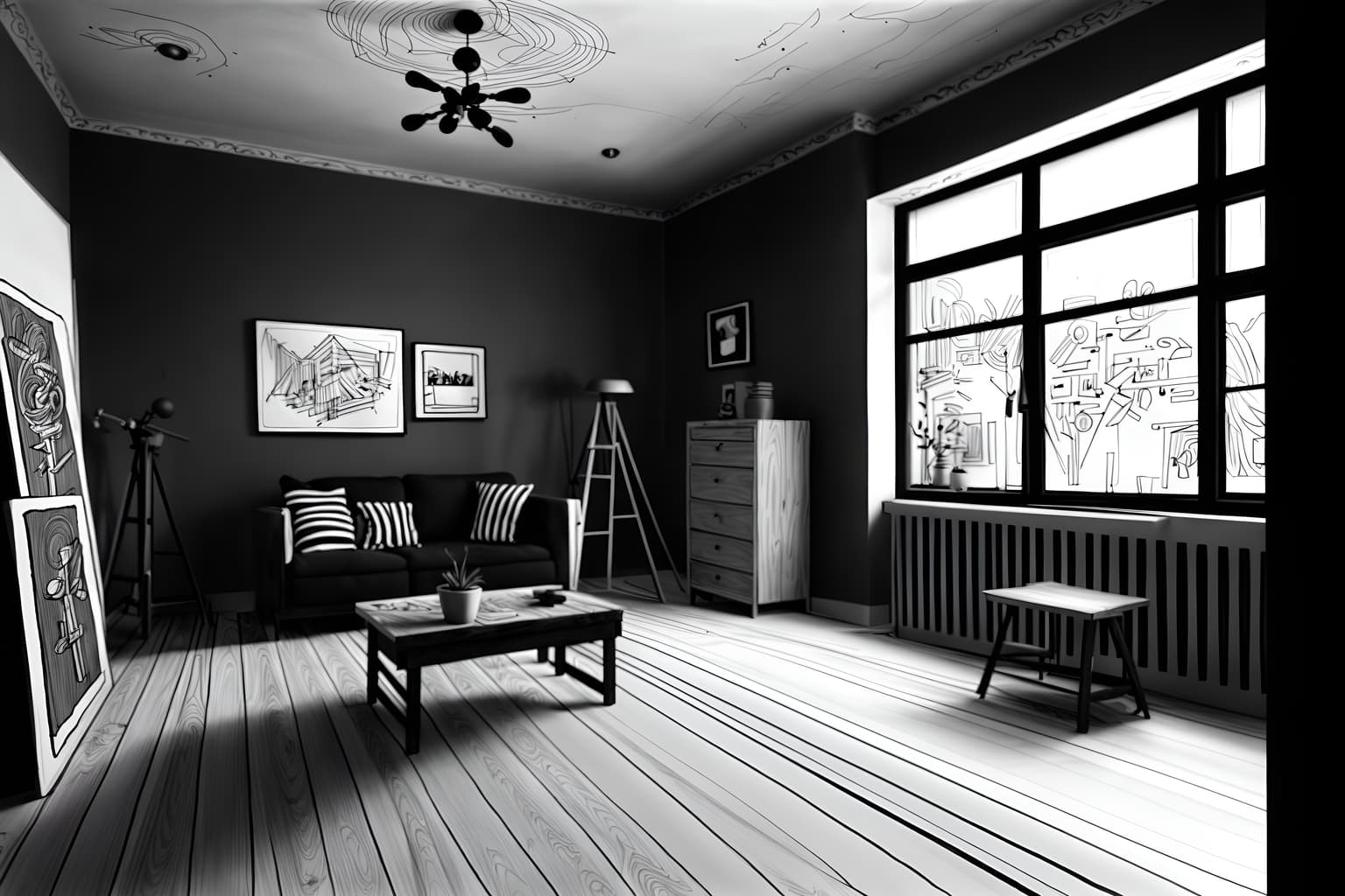 (hand-drawn monochrome black and white sketch line drawing)++ of sketch-style (workshop) apartment interior. a sketch of interior. with . . a sketch of interior. with tool wall and messy and wooden workbench. trending on artstation. black and white line drawing sketch without colors. masterpiece, cinematic light, ultrarealistic+, photorealistic+, 8k, raw photo, realistic, sharp focus on eyes, (symmetrical eyes), (intact eyes), hyperrealistic, highest quality, best quality, , highly detailed, masterpiece, best quality, extremely detailed 8k wallpaper, masterpiece, best quality, ultra-detailed, best shadow, detailed background, detailed face, detailed eyes, high contrast, best illumination, detailed face, dulux, caustic, dynamic angle, detailed glow. dramatic lighting. highly detailed, insanely detailed hair, symmetrical, intricate details, professionally retouched, 8k high definition. strong bokeh. award winning photo.