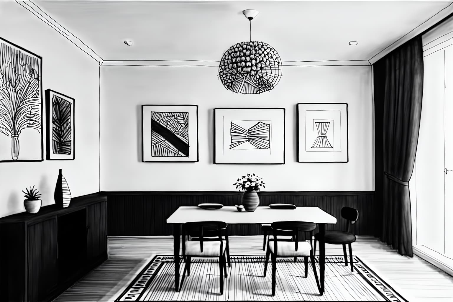 (hand-drawn monochrome black and white sketch line drawing)++ of sketch-style (dining room) apartment interior. a sketch of interior. with . . a sketch of interior. with plant and painting or photo on wall and vase. trending on artstation. black and white line drawing sketch without colors. masterpiece, cinematic light, ultrarealistic+, photorealistic+, 8k, raw photo, realistic, sharp focus on eyes, (symmetrical eyes), (intact eyes), hyperrealistic, highest quality, best quality, , highly detailed, masterpiece, best quality, extremely detailed 8k wallpaper, masterpiece, best quality, ultra-detailed, best shadow, detailed background, detailed face, detailed eyes, high contrast, best illumination, detailed face, dulux, caustic, dynamic angle, detailed glow. dramatic lighting. highly detailed, insanely detailed hair, symmetrical, intricate details, professionally retouched, 8k high definition. strong bokeh. award winning photo.