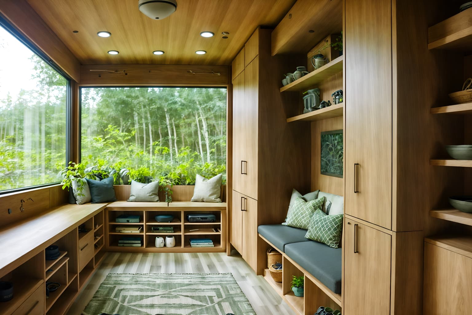 biophilic-style (drop zone interior) with high up storage and cabinets and a bench and storage baskets and wall hooks for coats and storage drawers and shelves for shoes and cubbies. . with cork materials and features of the natural world and images of nature and natural environment and natural shapes and forms and ceramic materials and plants and linen materials. . cinematic photo, highly detailed, cinematic lighting, ultra-detailed, ultrarealistic, photorealism, 8k. biophilic interior design style. masterpiece, cinematic light, ultrarealistic+, photorealistic+, 8k, raw photo, realistic, sharp focus on eyes, (symmetrical eyes), (intact eyes), hyperrealistic, highest quality, best quality, , highly detailed, masterpiece, best quality, extremely detailed 8k wallpaper, masterpiece, best quality, ultra-detailed, best shadow, detailed background, detailed face, detailed eyes, high contrast, best illumination, detailed face, dulux, caustic, dynamic angle, detailed glow. dramatic lighting. highly detailed, insanely detailed hair, symmetrical, intricate details, professionally retouched, 8k high definition. strong bokeh. award winning photo.
