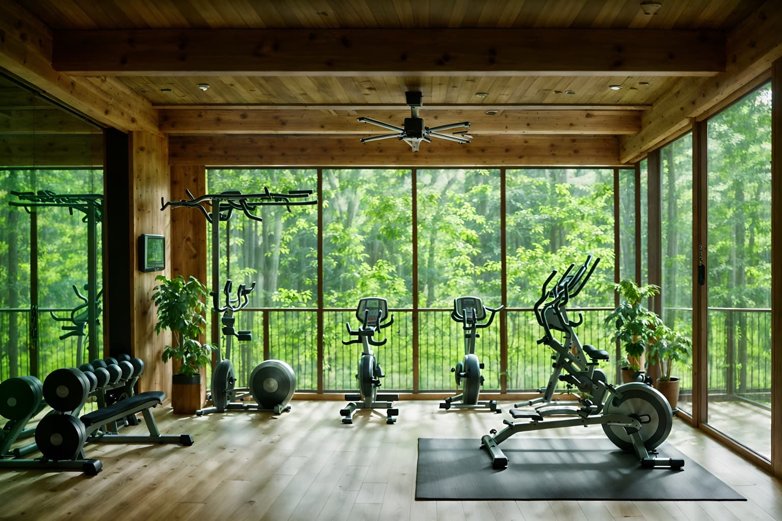 biophilic-style (fitness gym interior) with exercise bicycle and bench press and squat rack and crosstrainer and dumbbell stand and exercise bicycle. . with natural elements and calming style and wood materials and natural environment and fresh air and plants and natural patterns and features of nature. . cinematic photo, highly detailed, cinematic lighting, ultra-detailed, ultrarealistic, photorealism, 8k. biophilic interior design style. masterpiece, cinematic light, ultrarealistic+, photorealistic+, 8k, raw photo, realistic, sharp focus on eyes, (symmetrical eyes), (intact eyes), hyperrealistic, highest quality, best quality, , highly detailed, masterpiece, best quality, extremely detailed 8k wallpaper, masterpiece, best quality, ultra-detailed, best shadow, detailed background, detailed face, detailed eyes, high contrast, best illumination, detailed face, dulux, caustic, dynamic angle, detailed glow. dramatic lighting. highly detailed, insanely detailed hair, symmetrical, intricate details, professionally retouched, 8k high definition. strong bokeh. award winning photo.