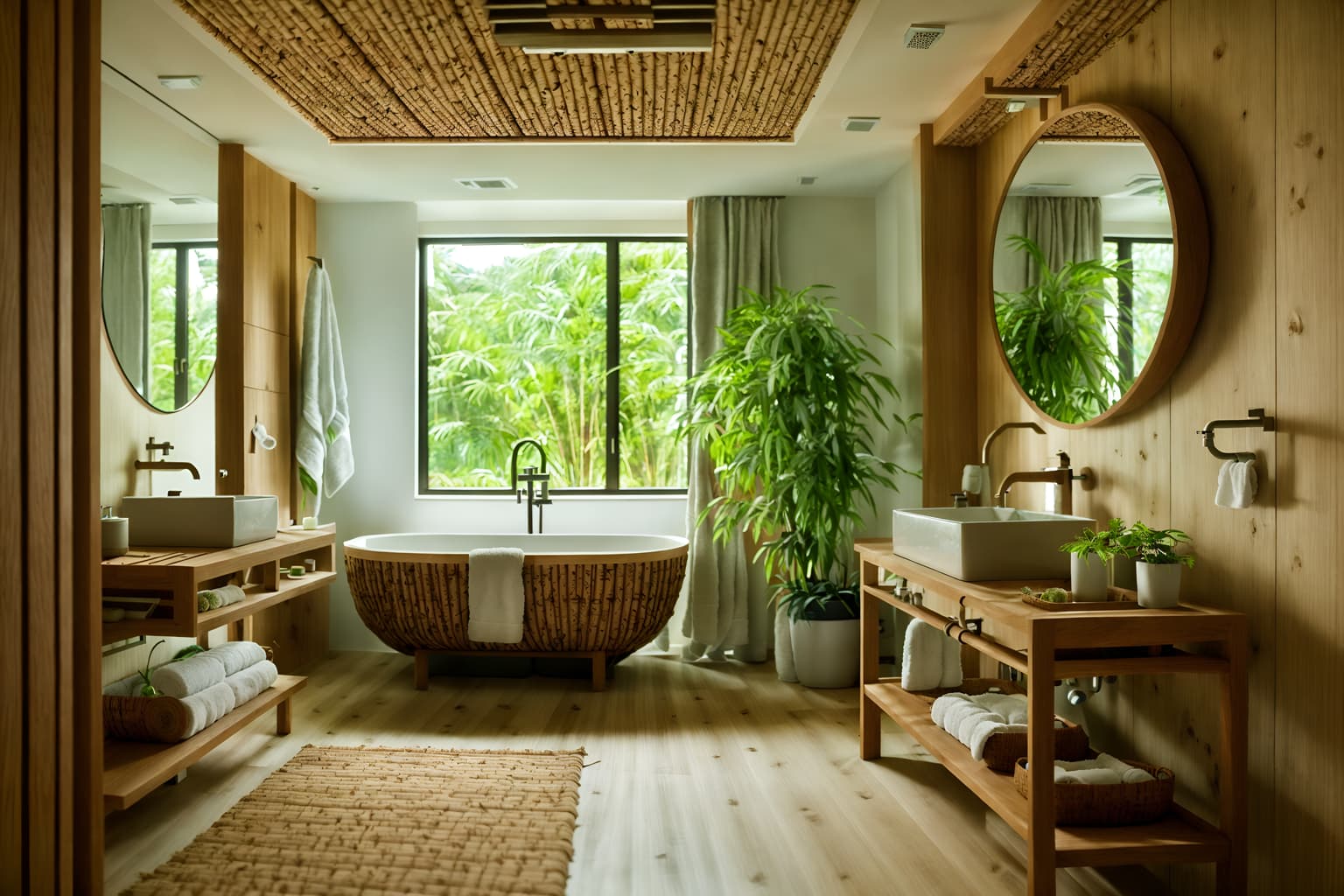 biophilic-style (hotel bathroom interior) with plant and waste basket and bathtub and bathroom cabinet and mirror and bath rail and toilet seat and shower. . with natural elements and wood materials and cork materials and linen materials and sunlight and natural shapes and forms and images of animals and natural environment. . cinematic photo, highly detailed, cinematic lighting, ultra-detailed, ultrarealistic, photorealism, 8k. biophilic interior design style. masterpiece, cinematic light, ultrarealistic+, photorealistic+, 8k, raw photo, realistic, sharp focus on eyes, (symmetrical eyes), (intact eyes), hyperrealistic, highest quality, best quality, , highly detailed, masterpiece, best quality, extremely detailed 8k wallpaper, masterpiece, best quality, ultra-detailed, best shadow, detailed background, detailed face, detailed eyes, high contrast, best illumination, detailed face, dulux, caustic, dynamic angle, detailed glow. dramatic lighting. highly detailed, insanely detailed hair, symmetrical, intricate details, professionally retouched, 8k high definition. strong bokeh. award winning photo.