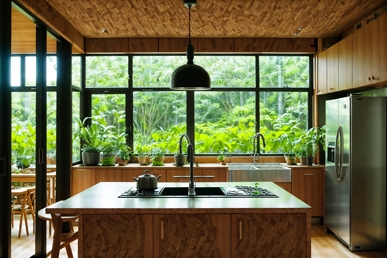 biophilic-style (kitchen interior) with plant and sink and refrigerator and worktops and stove and kitchen cabinets and plant. . with features of nature and plants and calming style and images of animals and natural shapes and forms and cork materials and natural environment and natural patterns. . cinematic photo, highly detailed, cinematic lighting, ultra-detailed, ultrarealistic, photorealism, 8k. biophilic interior design style. masterpiece, cinematic light, ultrarealistic+, photorealistic+, 8k, raw photo, realistic, sharp focus on eyes, (symmetrical eyes), (intact eyes), hyperrealistic, highest quality, best quality, , highly detailed, masterpiece, best quality, extremely detailed 8k wallpaper, masterpiece, best quality, ultra-detailed, best shadow, detailed background, detailed face, detailed eyes, high contrast, best illumination, detailed face, dulux, caustic, dynamic angle, detailed glow. dramatic lighting. highly detailed, insanely detailed hair, symmetrical, intricate details, professionally retouched, 8k high definition. strong bokeh. award winning photo.