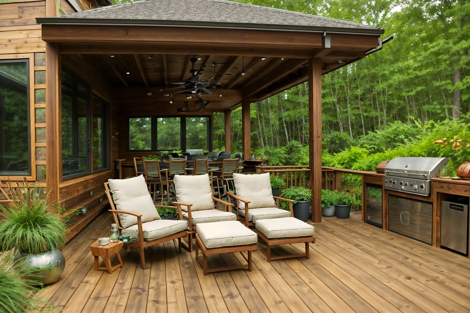 biophilic-style designed (outdoor patio ) with deck with deck chairs and plant and patio couch with pillows and grass and barbeque or grill and deck with deck chairs. . with wood materials and earthy colors and images of nature and sunlight and natural elements and linen materials and natural shapes and forms and natural environment. . cinematic photo, highly detailed, cinematic lighting, ultra-detailed, ultrarealistic, photorealism, 8k. biophilic design style. masterpiece, cinematic light, ultrarealistic+, photorealistic+, 8k, raw photo, realistic, sharp focus on eyes, (symmetrical eyes), (intact eyes), hyperrealistic, highest quality, best quality, , highly detailed, masterpiece, best quality, extremely detailed 8k wallpaper, masterpiece, best quality, ultra-detailed, best shadow, detailed background, detailed face, detailed eyes, high contrast, best illumination, detailed face, dulux, caustic, dynamic angle, detailed glow. dramatic lighting. highly detailed, insanely detailed hair, symmetrical, intricate details, professionally retouched, 8k high definition. strong bokeh. award winning photo.
