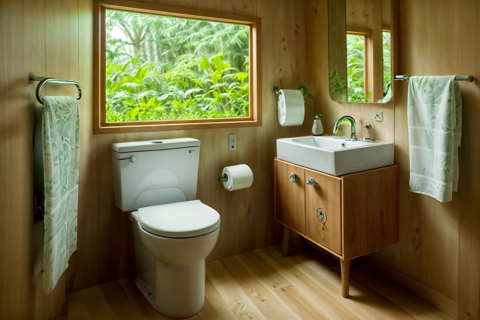 biophilic-style (toilet interior) with toilet paper hanger and sink with tap and toilet with toilet seat up and toilet paper hanger. . with natural shapes and forms and images of nature and images of animals and plants and features of the natural world and plants and calming style and wood materials. . cinematic photo, highly detailed, cinematic lighting, ultra-detailed, ultrarealistic, photorealism, 8k. biophilic interior design style. masterpiece, cinematic light, ultrarealistic+, photorealistic+, 8k, raw photo, realistic, sharp focus on eyes, (symmetrical eyes), (intact eyes), hyperrealistic, highest quality, best quality, , highly detailed, masterpiece, best quality, extremely detailed 8k wallpaper, masterpiece, best quality, ultra-detailed, best shadow, detailed background, detailed face, detailed eyes, high contrast, best illumination, detailed face, dulux, caustic, dynamic angle, detailed glow. dramatic lighting. highly detailed, insanely detailed hair, symmetrical, intricate details, professionally retouched, 8k high definition. strong bokeh. award winning photo.