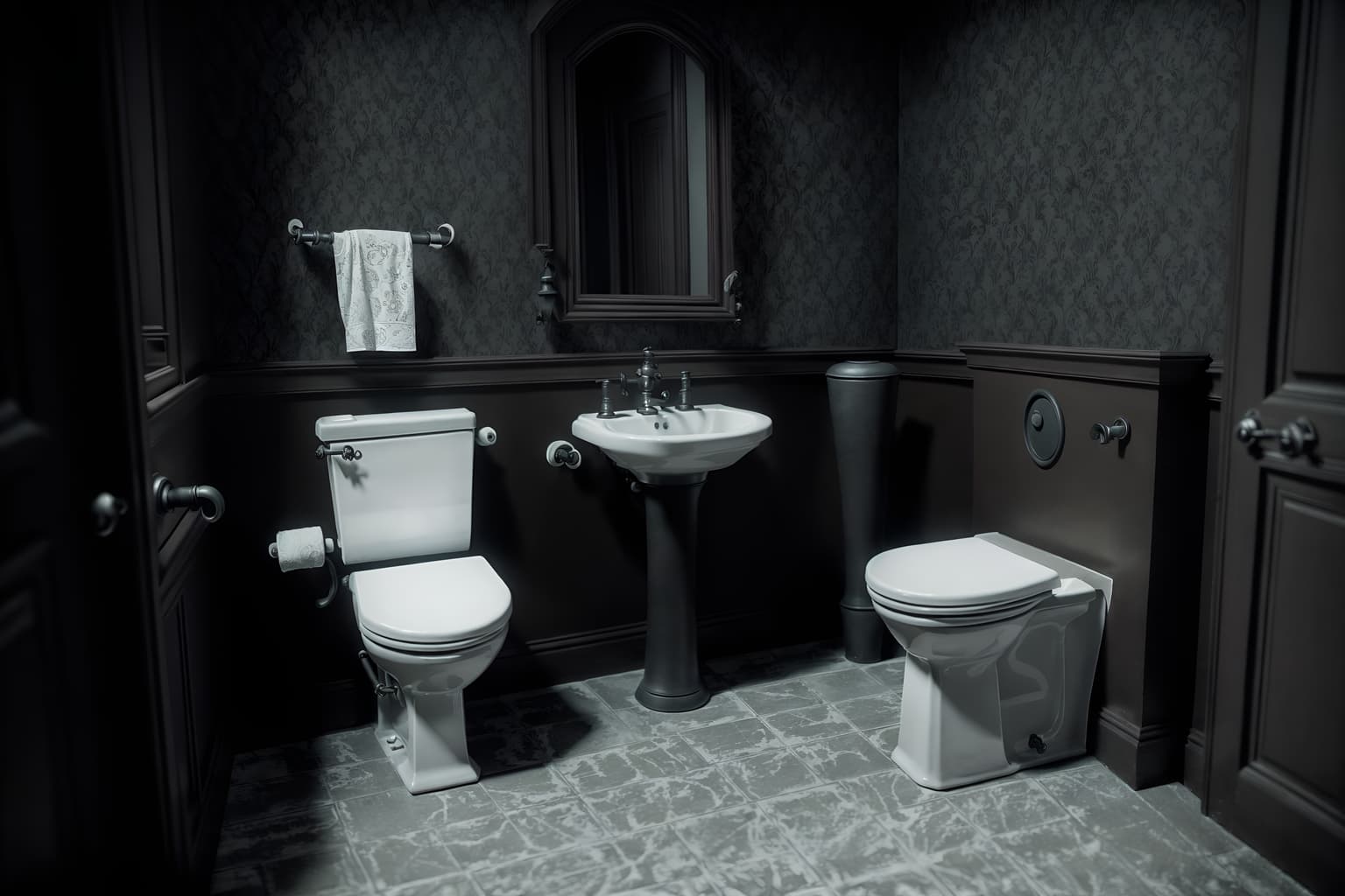 gothic-style (toilet interior) with toilet with toilet seat up and sink with tap and toilet paper hanger and toilet with toilet seat up. . . cinematic photo, highly detailed, cinematic lighting, ultra-detailed, ultrarealistic, photorealism, 8k. gothic interior design style. masterpiece, cinematic light, ultrarealistic+, photorealistic+, 8k, raw photo, realistic, sharp focus on eyes, (symmetrical eyes), (intact eyes), hyperrealistic, highest quality, best quality, , highly detailed, masterpiece, best quality, extremely detailed 8k wallpaper, masterpiece, best quality, ultra-detailed, best shadow, detailed background, detailed face, detailed eyes, high contrast, best illumination, detailed face, dulux, caustic, dynamic angle, detailed glow. dramatic lighting. highly detailed, insanely detailed hair, symmetrical, intricate details, professionally retouched, 8k high definition. strong bokeh. award winning photo.