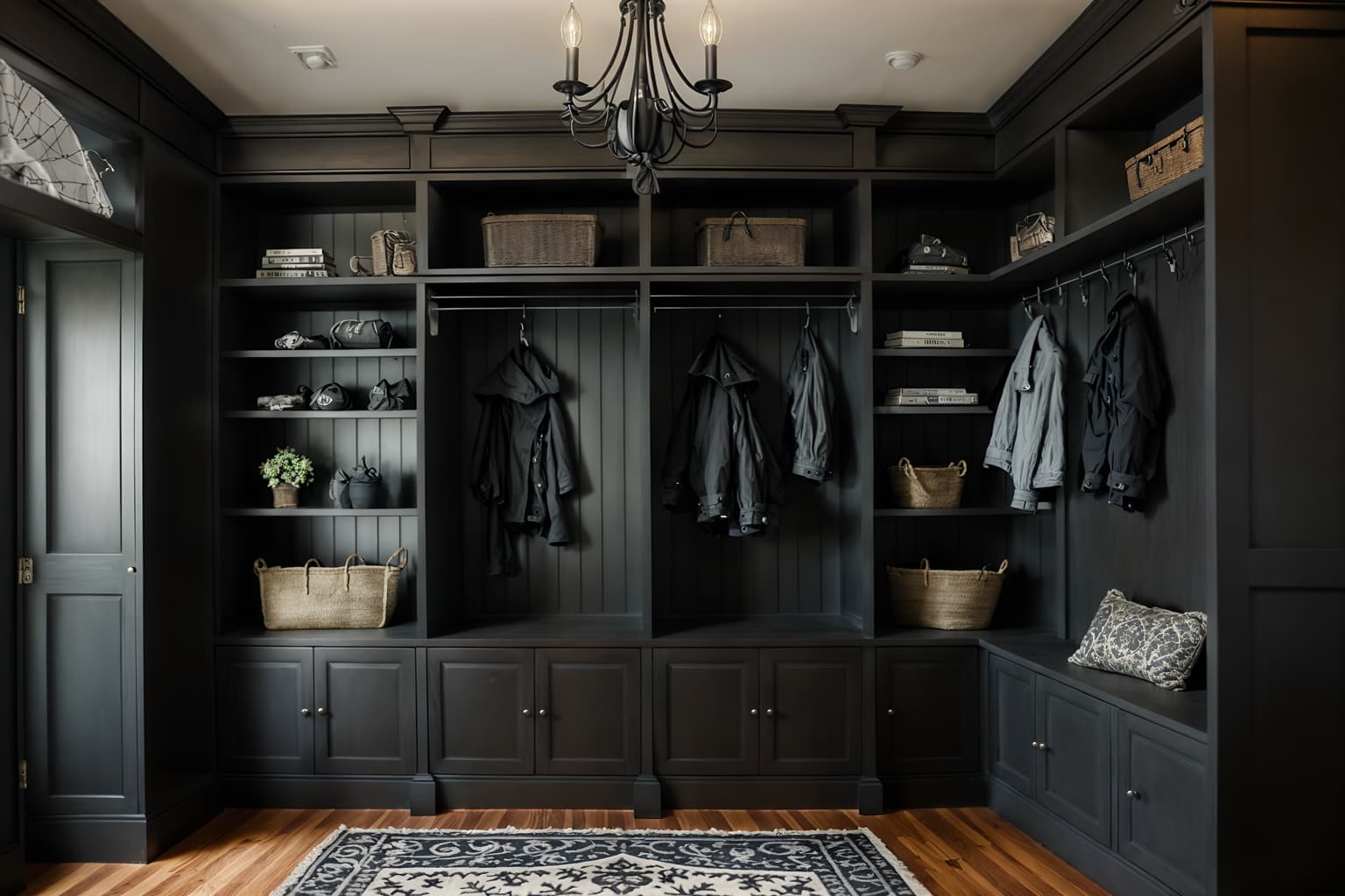 gothic-style (mudroom interior) with cubbies and shelves for shoes and cabinets and high up storage and storage drawers and wall hooks for coats and a bench and storage baskets. . . cinematic photo, highly detailed, cinematic lighting, ultra-detailed, ultrarealistic, photorealism, 8k. gothic interior design style. masterpiece, cinematic light, ultrarealistic+, photorealistic+, 8k, raw photo, realistic, sharp focus on eyes, (symmetrical eyes), (intact eyes), hyperrealistic, highest quality, best quality, , highly detailed, masterpiece, best quality, extremely detailed 8k wallpaper, masterpiece, best quality, ultra-detailed, best shadow, detailed background, detailed face, detailed eyes, high contrast, best illumination, detailed face, dulux, caustic, dynamic angle, detailed glow. dramatic lighting. highly detailed, insanely detailed hair, symmetrical, intricate details, professionally retouched, 8k high definition. strong bokeh. award winning photo.
