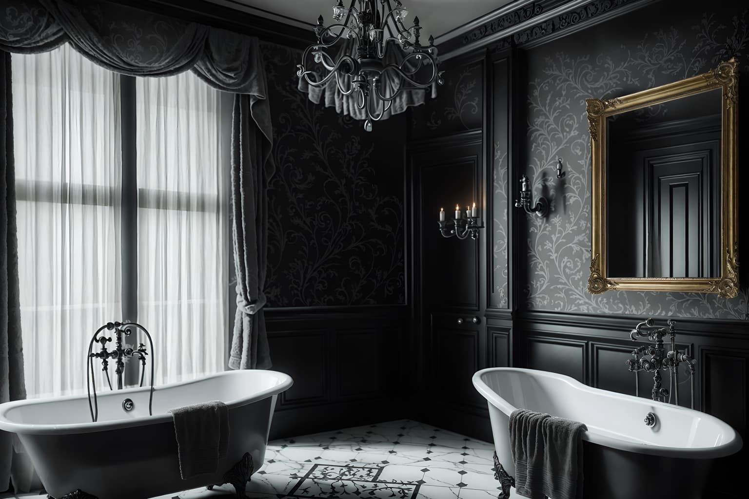 gothic-style (hotel bathroom interior) with bathtub and bath rail and mirror and waste basket and bathroom sink with faucet and bath towel and plant and shower. . . cinematic photo, highly detailed, cinematic lighting, ultra-detailed, ultrarealistic, photorealism, 8k. gothic interior design style. masterpiece, cinematic light, ultrarealistic+, photorealistic+, 8k, raw photo, realistic, sharp focus on eyes, (symmetrical eyes), (intact eyes), hyperrealistic, highest quality, best quality, , highly detailed, masterpiece, best quality, extremely detailed 8k wallpaper, masterpiece, best quality, ultra-detailed, best shadow, detailed background, detailed face, detailed eyes, high contrast, best illumination, detailed face, dulux, caustic, dynamic angle, detailed glow. dramatic lighting. highly detailed, insanely detailed hair, symmetrical, intricate details, professionally retouched, 8k high definition. strong bokeh. award winning photo.