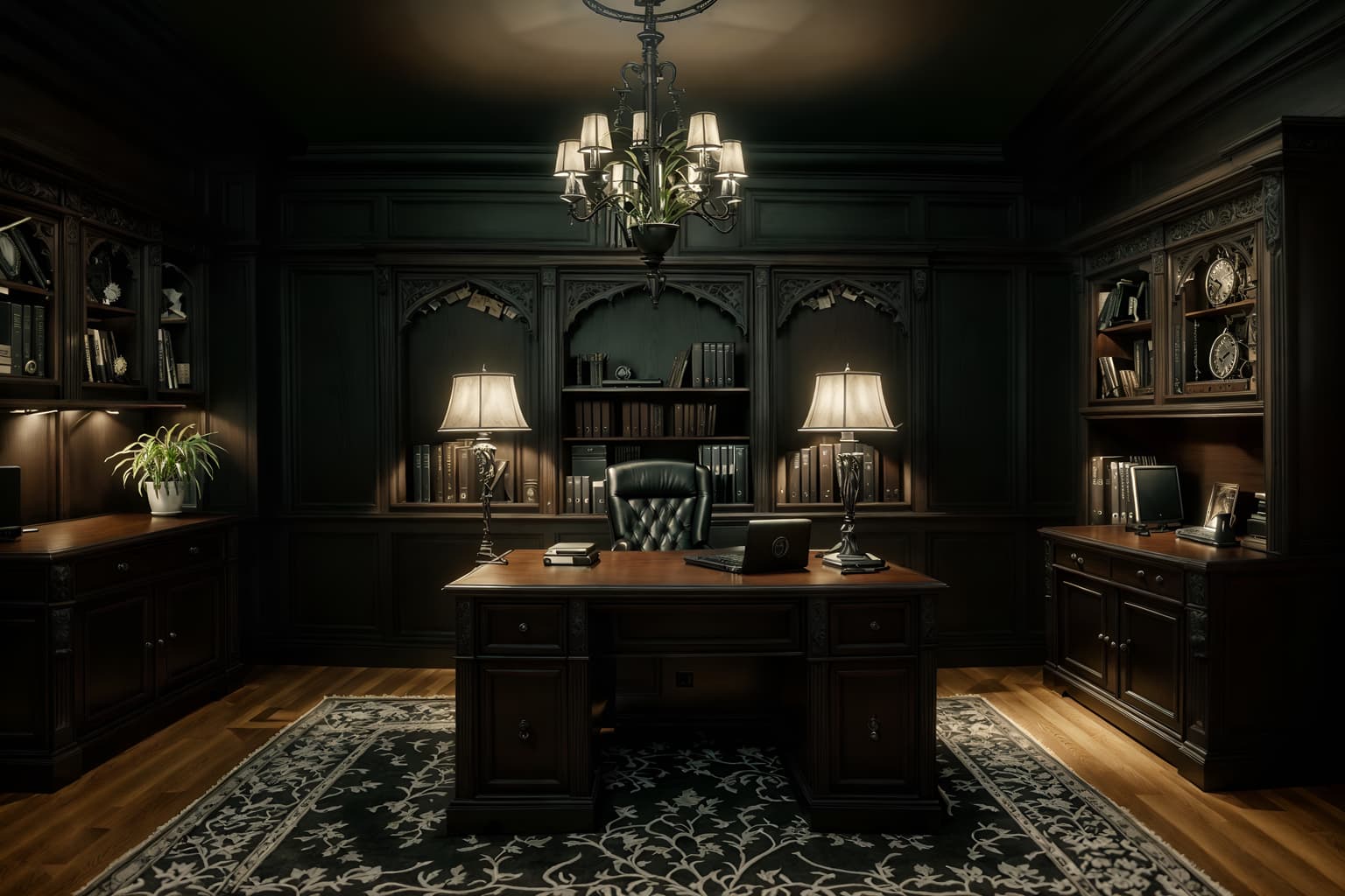 gothic-style (home office interior) with desk lamp and office chair and cabinets and computer desk and plant and desk lamp. . . cinematic photo, highly detailed, cinematic lighting, ultra-detailed, ultrarealistic, photorealism, 8k. gothic interior design style. masterpiece, cinematic light, ultrarealistic+, photorealistic+, 8k, raw photo, realistic, sharp focus on eyes, (symmetrical eyes), (intact eyes), hyperrealistic, highest quality, best quality, , highly detailed, masterpiece, best quality, extremely detailed 8k wallpaper, masterpiece, best quality, ultra-detailed, best shadow, detailed background, detailed face, detailed eyes, high contrast, best illumination, detailed face, dulux, caustic, dynamic angle, detailed glow. dramatic lighting. highly detailed, insanely detailed hair, symmetrical, intricate details, professionally retouched, 8k high definition. strong bokeh. award winning photo.