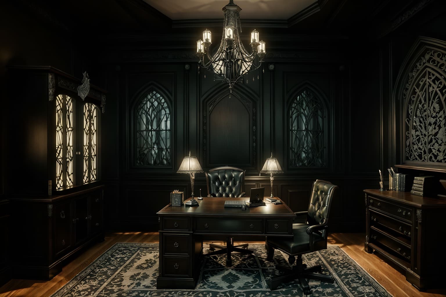 gothic-style (home office interior) with desk lamp and office chair and cabinets and computer desk and plant and desk lamp. . . cinematic photo, highly detailed, cinematic lighting, ultra-detailed, ultrarealistic, photorealism, 8k. gothic interior design style. masterpiece, cinematic light, ultrarealistic+, photorealistic+, 8k, raw photo, realistic, sharp focus on eyes, (symmetrical eyes), (intact eyes), hyperrealistic, highest quality, best quality, , highly detailed, masterpiece, best quality, extremely detailed 8k wallpaper, masterpiece, best quality, ultra-detailed, best shadow, detailed background, detailed face, detailed eyes, high contrast, best illumination, detailed face, dulux, caustic, dynamic angle, detailed glow. dramatic lighting. highly detailed, insanely detailed hair, symmetrical, intricate details, professionally retouched, 8k high definition. strong bokeh. award winning photo.