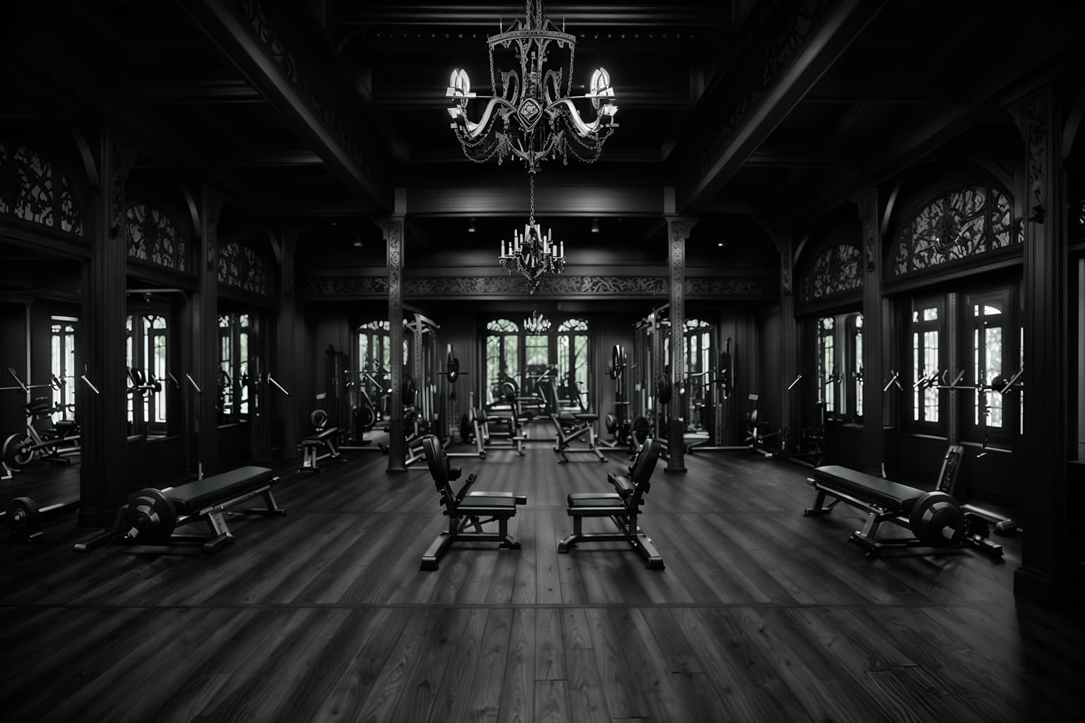 gothic-style (fitness gym interior) with dumbbell stand and squat rack and crosstrainer and exercise bicycle and bench press and dumbbell stand. . . cinematic photo, highly detailed, cinematic lighting, ultra-detailed, ultrarealistic, photorealism, 8k. gothic interior design style. masterpiece, cinematic light, ultrarealistic+, photorealistic+, 8k, raw photo, realistic, sharp focus on eyes, (symmetrical eyes), (intact eyes), hyperrealistic, highest quality, best quality, , highly detailed, masterpiece, best quality, extremely detailed 8k wallpaper, masterpiece, best quality, ultra-detailed, best shadow, detailed background, detailed face, detailed eyes, high contrast, best illumination, detailed face, dulux, caustic, dynamic angle, detailed glow. dramatic lighting. highly detailed, insanely detailed hair, symmetrical, intricate details, professionally retouched, 8k high definition. strong bokeh. award winning photo.