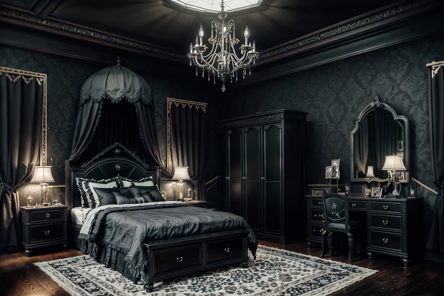 gothic-style (kids room interior) with kids desk and headboard and mirror and plant and dresser closet and bedside table or night stand and accent chair and night light. . . cinematic photo, highly detailed, cinematic lighting, ultra-detailed, ultrarealistic, photorealism, 8k. gothic interior design style. masterpiece, cinematic light, ultrarealistic+, photorealistic+, 8k, raw photo, realistic, sharp focus on eyes, (symmetrical eyes), (intact eyes), hyperrealistic, highest quality, best quality, , highly detailed, masterpiece, best quality, extremely detailed 8k wallpaper, masterpiece, best quality, ultra-detailed, best shadow, detailed background, detailed face, detailed eyes, high contrast, best illumination, detailed face, dulux, caustic, dynamic angle, detailed glow. dramatic lighting. highly detailed, insanely detailed hair, symmetrical, intricate details, professionally retouched, 8k high definition. strong bokeh. award winning photo.