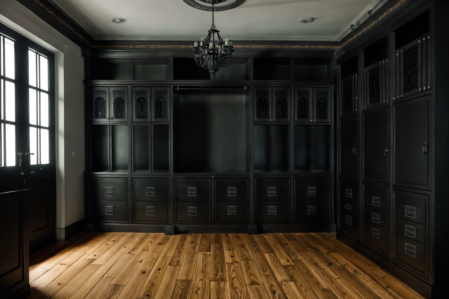 gothic-style (drop zone interior) with lockers and storage drawers and a bench and high up storage and storage baskets and cubbies and shelves for shoes and cabinets. . . cinematic photo, highly detailed, cinematic lighting, ultra-detailed, ultrarealistic, photorealism, 8k. gothic interior design style. masterpiece, cinematic light, ultrarealistic+, photorealistic+, 8k, raw photo, realistic, sharp focus on eyes, (symmetrical eyes), (intact eyes), hyperrealistic, highest quality, best quality, , highly detailed, masterpiece, best quality, extremely detailed 8k wallpaper, masterpiece, best quality, ultra-detailed, best shadow, detailed background, detailed face, detailed eyes, high contrast, best illumination, detailed face, dulux, caustic, dynamic angle, detailed glow. dramatic lighting. highly detailed, insanely detailed hair, symmetrical, intricate details, professionally retouched, 8k high definition. strong bokeh. award winning photo.