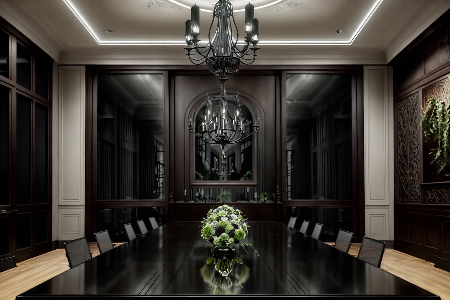 gothic-style (meeting room interior) with boardroom table and glass walls and painting or photo on wall and vase and plant and office chairs and glass doors and cabinets. . . cinematic photo, highly detailed, cinematic lighting, ultra-detailed, ultrarealistic, photorealism, 8k. gothic interior design style. masterpiece, cinematic light, ultrarealistic+, photorealistic+, 8k, raw photo, realistic, sharp focus on eyes, (symmetrical eyes), (intact eyes), hyperrealistic, highest quality, best quality, , highly detailed, masterpiece, best quality, extremely detailed 8k wallpaper, masterpiece, best quality, ultra-detailed, best shadow, detailed background, detailed face, detailed eyes, high contrast, best illumination, detailed face, dulux, caustic, dynamic angle, detailed glow. dramatic lighting. highly detailed, insanely detailed hair, symmetrical, intricate details, professionally retouched, 8k high definition. strong bokeh. award winning photo.