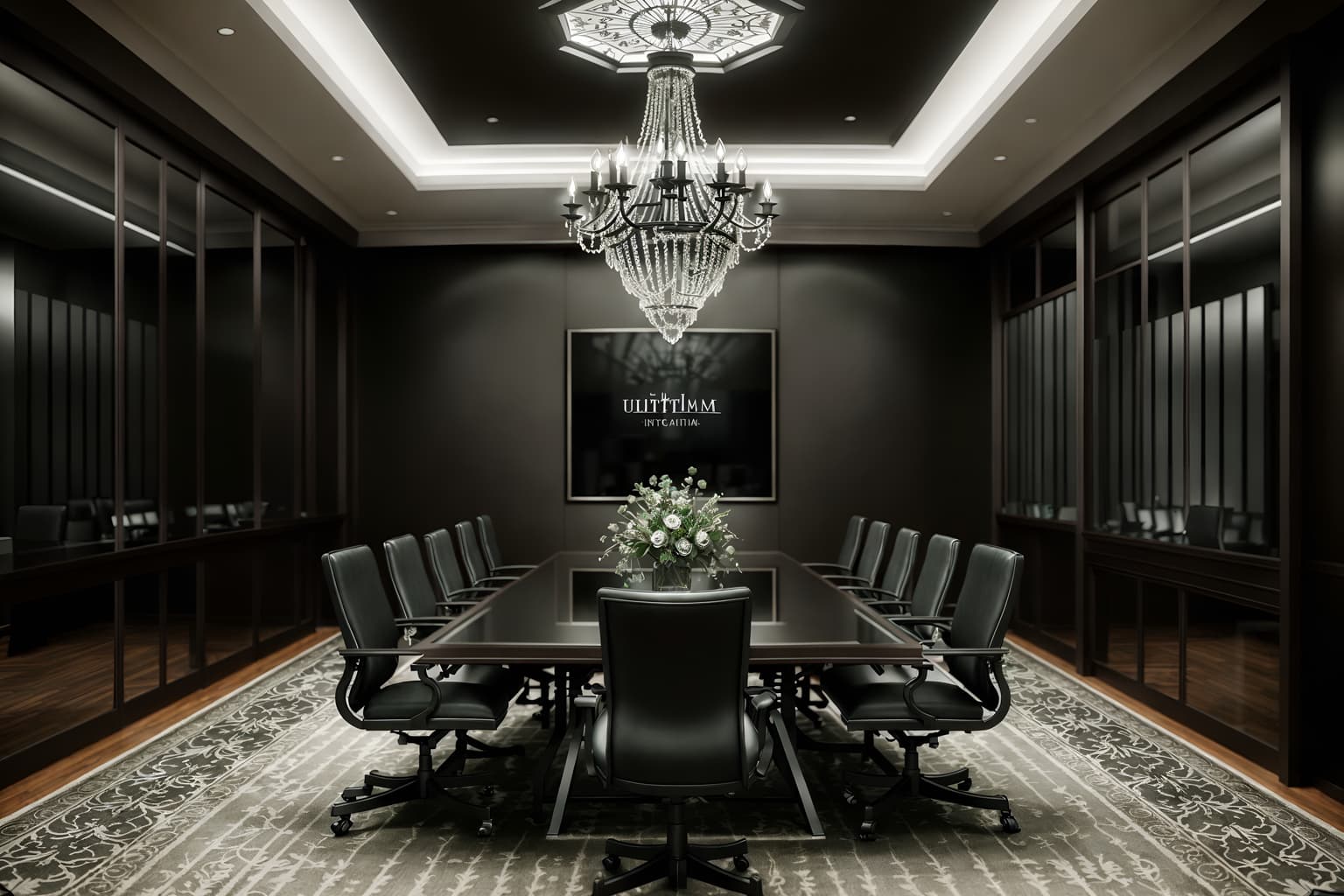 gothic-style (meeting room interior) with boardroom table and glass walls and painting or photo on wall and vase and plant and office chairs and glass doors and cabinets. . . cinematic photo, highly detailed, cinematic lighting, ultra-detailed, ultrarealistic, photorealism, 8k. gothic interior design style. masterpiece, cinematic light, ultrarealistic+, photorealistic+, 8k, raw photo, realistic, sharp focus on eyes, (symmetrical eyes), (intact eyes), hyperrealistic, highest quality, best quality, , highly detailed, masterpiece, best quality, extremely detailed 8k wallpaper, masterpiece, best quality, ultra-detailed, best shadow, detailed background, detailed face, detailed eyes, high contrast, best illumination, detailed face, dulux, caustic, dynamic angle, detailed glow. dramatic lighting. highly detailed, insanely detailed hair, symmetrical, intricate details, professionally retouched, 8k high definition. strong bokeh. award winning photo.
