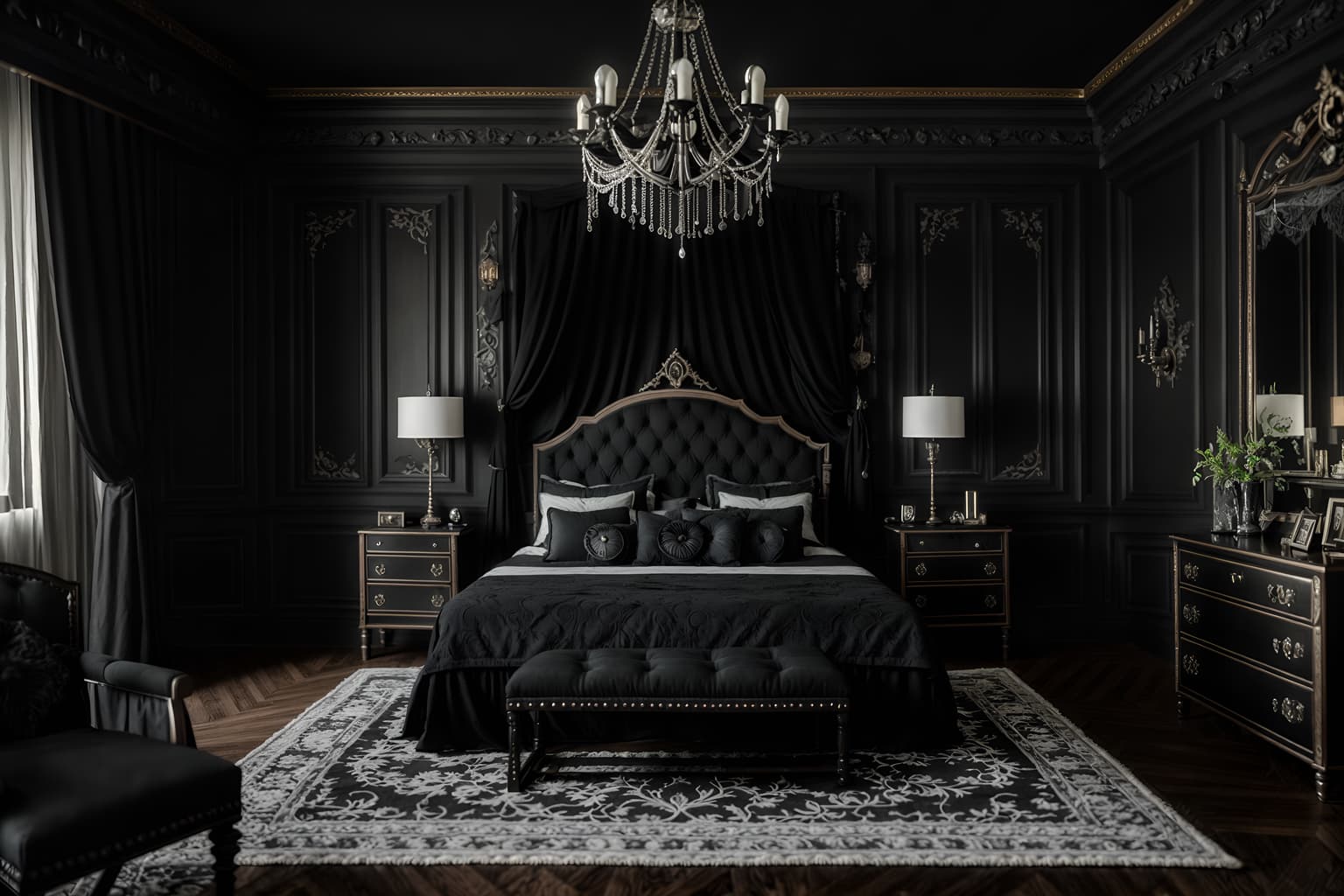 gothic-style (bedroom interior) with headboard and accent chair and mirror and bedside table or night stand and bed and plant and storage bench or ottoman and night light. . . cinematic photo, highly detailed, cinematic lighting, ultra-detailed, ultrarealistic, photorealism, 8k. gothic interior design style. masterpiece, cinematic light, ultrarealistic+, photorealistic+, 8k, raw photo, realistic, sharp focus on eyes, (symmetrical eyes), (intact eyes), hyperrealistic, highest quality, best quality, , highly detailed, masterpiece, best quality, extremely detailed 8k wallpaper, masterpiece, best quality, ultra-detailed, best shadow, detailed background, detailed face, detailed eyes, high contrast, best illumination, detailed face, dulux, caustic, dynamic angle, detailed glow. dramatic lighting. highly detailed, insanely detailed hair, symmetrical, intricate details, professionally retouched, 8k high definition. strong bokeh. award winning photo.