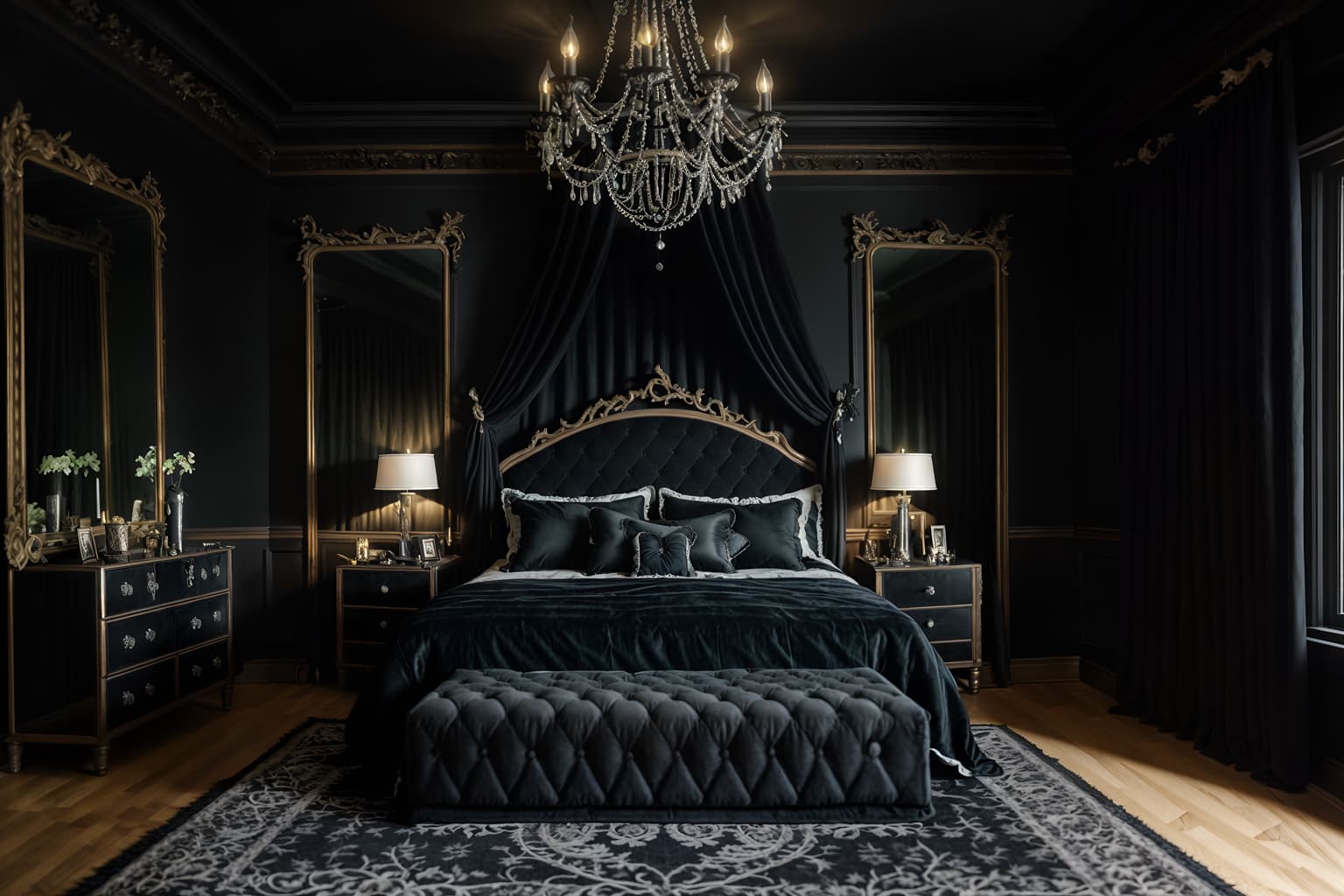 gothic-style (bedroom interior) with headboard and accent chair and mirror and bedside table or night stand and bed and plant and storage bench or ottoman and night light. . . cinematic photo, highly detailed, cinematic lighting, ultra-detailed, ultrarealistic, photorealism, 8k. gothic interior design style. masterpiece, cinematic light, ultrarealistic+, photorealistic+, 8k, raw photo, realistic, sharp focus on eyes, (symmetrical eyes), (intact eyes), hyperrealistic, highest quality, best quality, , highly detailed, masterpiece, best quality, extremely detailed 8k wallpaper, masterpiece, best quality, ultra-detailed, best shadow, detailed background, detailed face, detailed eyes, high contrast, best illumination, detailed face, dulux, caustic, dynamic angle, detailed glow. dramatic lighting. highly detailed, insanely detailed hair, symmetrical, intricate details, professionally retouched, 8k high definition. strong bokeh. award winning photo.