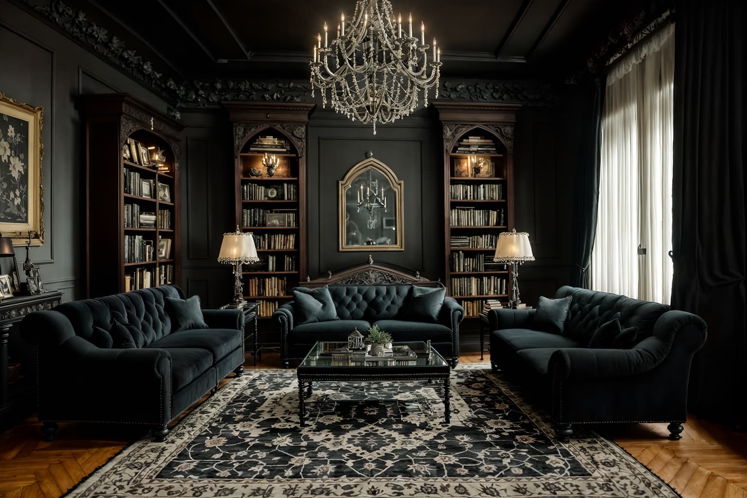 gothic-style (living room interior) with occasional tables and rug and furniture and electric lamps and plant and chairs and sofa and bookshelves. . . cinematic photo, highly detailed, cinematic lighting, ultra-detailed, ultrarealistic, photorealism, 8k. gothic interior design style. masterpiece, cinematic light, ultrarealistic+, photorealistic+, 8k, raw photo, realistic, sharp focus on eyes, (symmetrical eyes), (intact eyes), hyperrealistic, highest quality, best quality, , highly detailed, masterpiece, best quality, extremely detailed 8k wallpaper, masterpiece, best quality, ultra-detailed, best shadow, detailed background, detailed face, detailed eyes, high contrast, best illumination, detailed face, dulux, caustic, dynamic angle, detailed glow. dramatic lighting. highly detailed, insanely detailed hair, symmetrical, intricate details, professionally retouched, 8k high definition. strong bokeh. award winning photo.