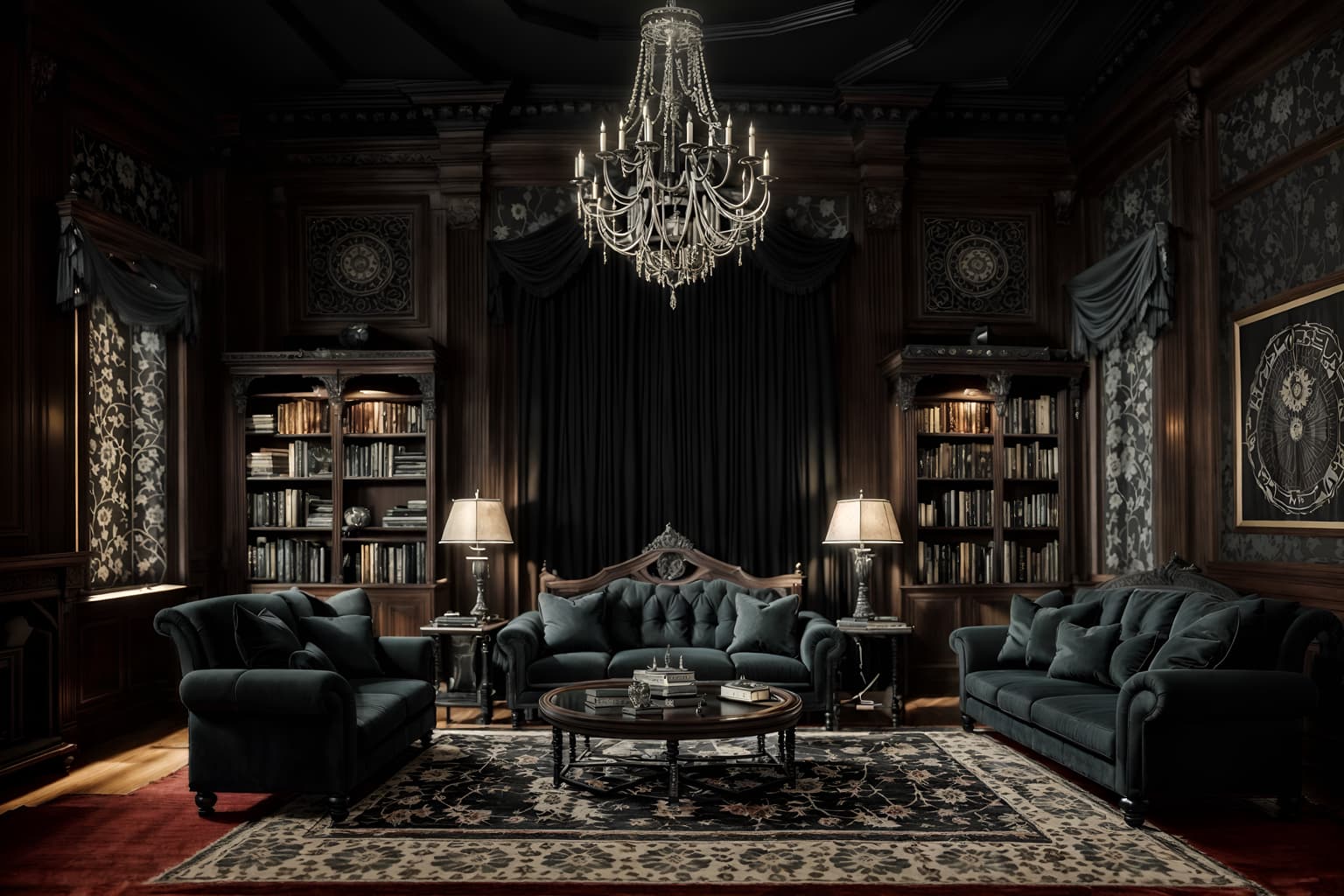 gothic-style (living room interior) with occasional tables and rug and furniture and electric lamps and plant and chairs and sofa and bookshelves. . . cinematic photo, highly detailed, cinematic lighting, ultra-detailed, ultrarealistic, photorealism, 8k. gothic interior design style. masterpiece, cinematic light, ultrarealistic+, photorealistic+, 8k, raw photo, realistic, sharp focus on eyes, (symmetrical eyes), (intact eyes), hyperrealistic, highest quality, best quality, , highly detailed, masterpiece, best quality, extremely detailed 8k wallpaper, masterpiece, best quality, ultra-detailed, best shadow, detailed background, detailed face, detailed eyes, high contrast, best illumination, detailed face, dulux, caustic, dynamic angle, detailed glow. dramatic lighting. highly detailed, insanely detailed hair, symmetrical, intricate details, professionally retouched, 8k high definition. strong bokeh. award winning photo.