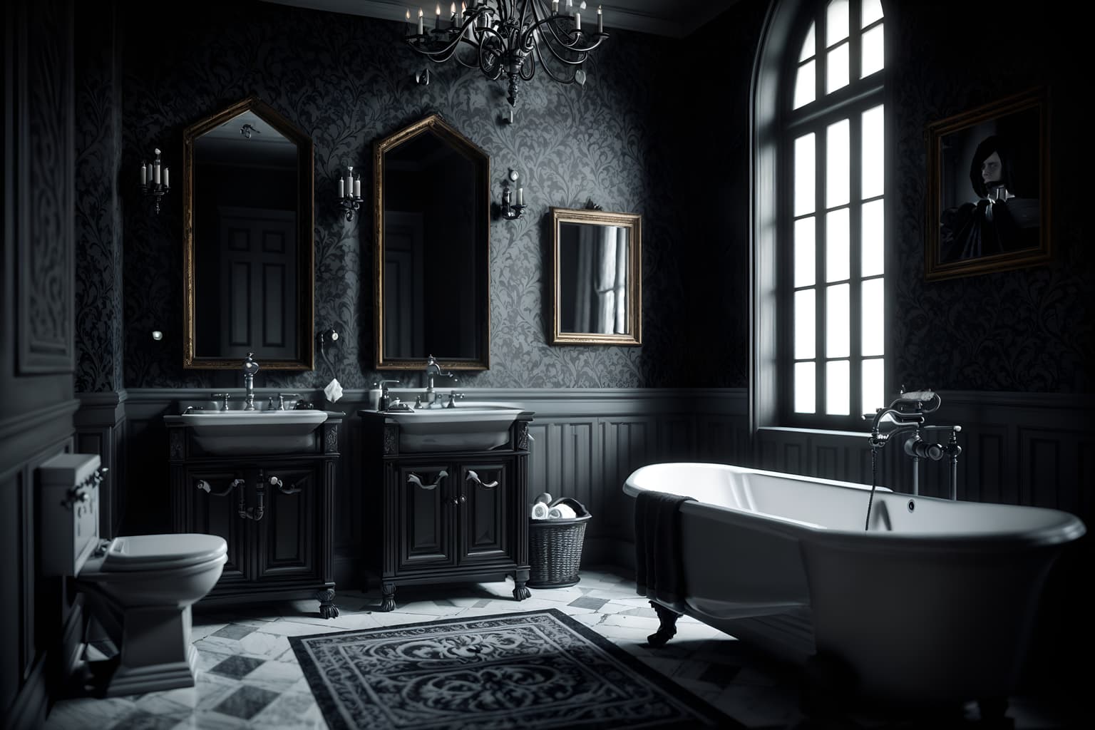 gothic-style (bathroom interior) with waste basket and bathroom sink with faucet and bathroom cabinet and mirror and plant and bath towel and toilet seat and shower. . . cinematic photo, highly detailed, cinematic lighting, ultra-detailed, ultrarealistic, photorealism, 8k. gothic interior design style. masterpiece, cinematic light, ultrarealistic+, photorealistic+, 8k, raw photo, realistic, sharp focus on eyes, (symmetrical eyes), (intact eyes), hyperrealistic, highest quality, best quality, , highly detailed, masterpiece, best quality, extremely detailed 8k wallpaper, masterpiece, best quality, ultra-detailed, best shadow, detailed background, detailed face, detailed eyes, high contrast, best illumination, detailed face, dulux, caustic, dynamic angle, detailed glow. dramatic lighting. highly detailed, insanely detailed hair, symmetrical, intricate details, professionally retouched, 8k high definition. strong bokeh. award winning photo.