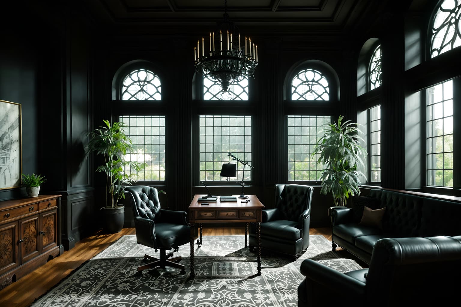 gothic-style (office interior) with office chairs and lounge chairs and windows and office desks and computer desks and desk lamps and seating area with sofa and plants. . . cinematic photo, highly detailed, cinematic lighting, ultra-detailed, ultrarealistic, photorealism, 8k. gothic interior design style. masterpiece, cinematic light, ultrarealistic+, photorealistic+, 8k, raw photo, realistic, sharp focus on eyes, (symmetrical eyes), (intact eyes), hyperrealistic, highest quality, best quality, , highly detailed, masterpiece, best quality, extremely detailed 8k wallpaper, masterpiece, best quality, ultra-detailed, best shadow, detailed background, detailed face, detailed eyes, high contrast, best illumination, detailed face, dulux, caustic, dynamic angle, detailed glow. dramatic lighting. highly detailed, insanely detailed hair, symmetrical, intricate details, professionally retouched, 8k high definition. strong bokeh. award winning photo.