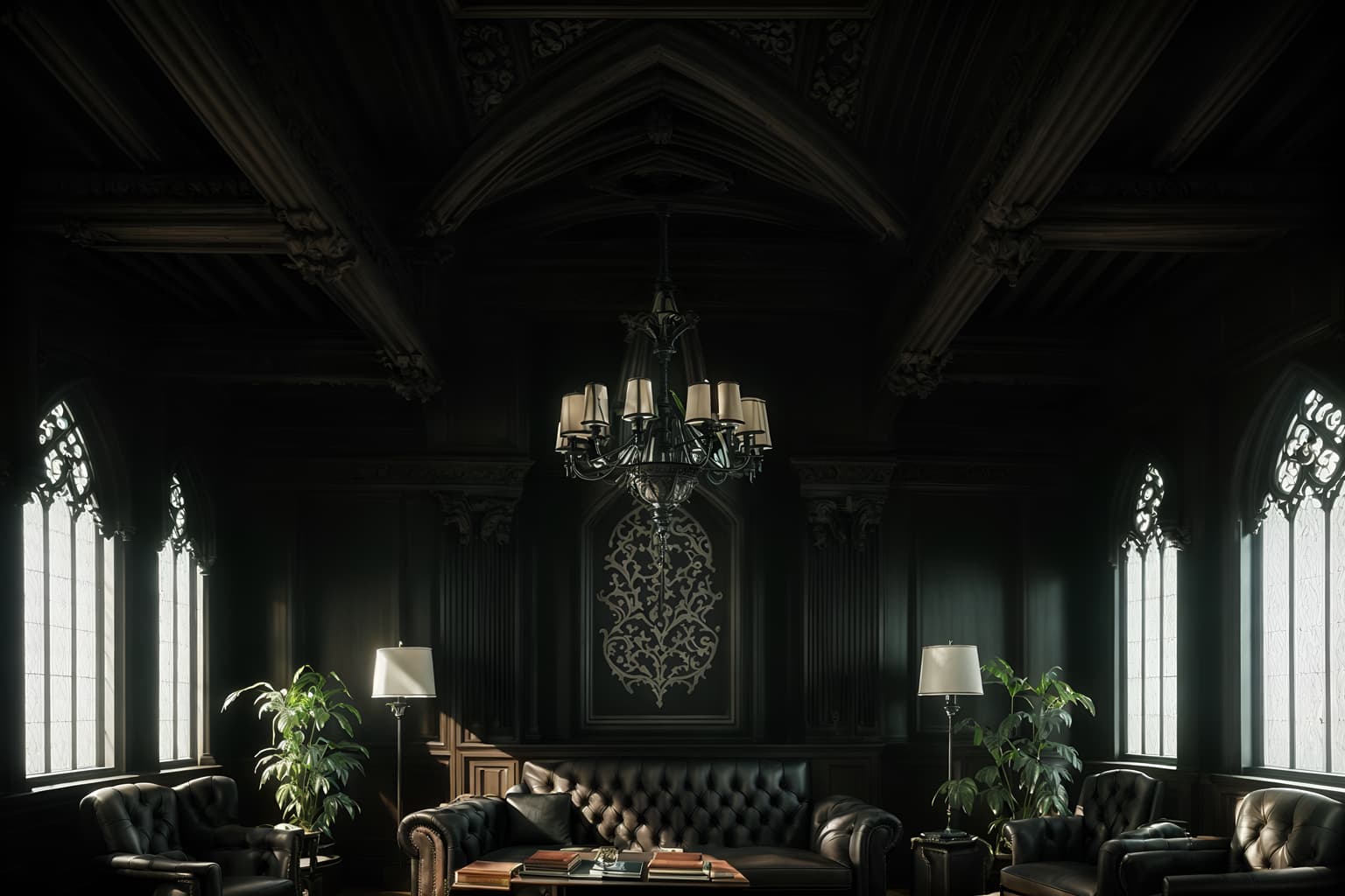 gothic-style (office interior) with office chairs and lounge chairs and windows and office desks and computer desks and desk lamps and seating area with sofa and plants. . . cinematic photo, highly detailed, cinematic lighting, ultra-detailed, ultrarealistic, photorealism, 8k. gothic interior design style. masterpiece, cinematic light, ultrarealistic+, photorealistic+, 8k, raw photo, realistic, sharp focus on eyes, (symmetrical eyes), (intact eyes), hyperrealistic, highest quality, best quality, , highly detailed, masterpiece, best quality, extremely detailed 8k wallpaper, masterpiece, best quality, ultra-detailed, best shadow, detailed background, detailed face, detailed eyes, high contrast, best illumination, detailed face, dulux, caustic, dynamic angle, detailed glow. dramatic lighting. highly detailed, insanely detailed hair, symmetrical, intricate details, professionally retouched, 8k high definition. strong bokeh. award winning photo.