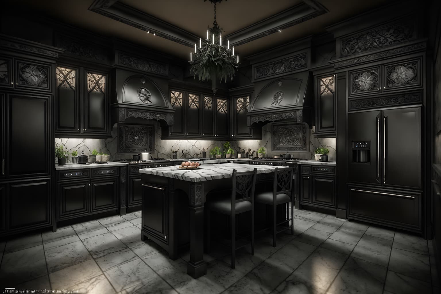 gothic-style (kitchen interior) with plant and refrigerator and sink and worktops and stove and kitchen cabinets and plant. . . cinematic photo, highly detailed, cinematic lighting, ultra-detailed, ultrarealistic, photorealism, 8k. gothic interior design style. masterpiece, cinematic light, ultrarealistic+, photorealistic+, 8k, raw photo, realistic, sharp focus on eyes, (symmetrical eyes), (intact eyes), hyperrealistic, highest quality, best quality, , highly detailed, masterpiece, best quality, extremely detailed 8k wallpaper, masterpiece, best quality, ultra-detailed, best shadow, detailed background, detailed face, detailed eyes, high contrast, best illumination, detailed face, dulux, caustic, dynamic angle, detailed glow. dramatic lighting. highly detailed, insanely detailed hair, symmetrical, intricate details, professionally retouched, 8k high definition. strong bokeh. award winning photo.
